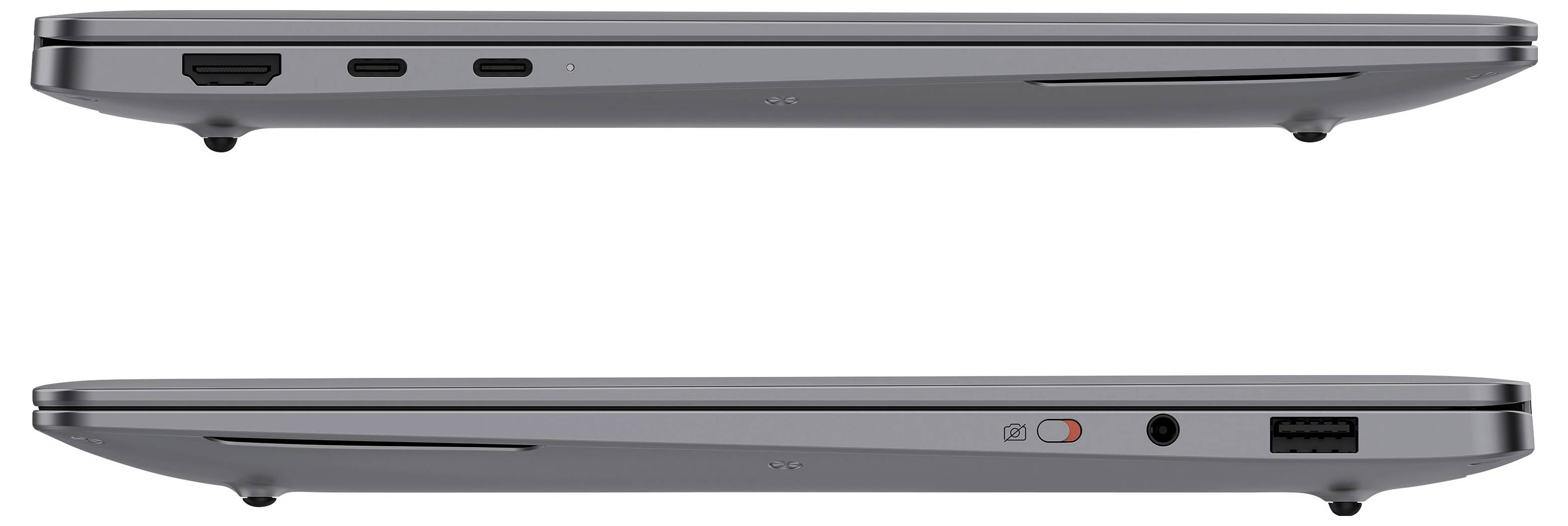 Seitenansicht eines geschlossenen grauen Laptops, der das dünne Profil mit Anschlüssen und Gumminoppen an der Unterseite zeigt.