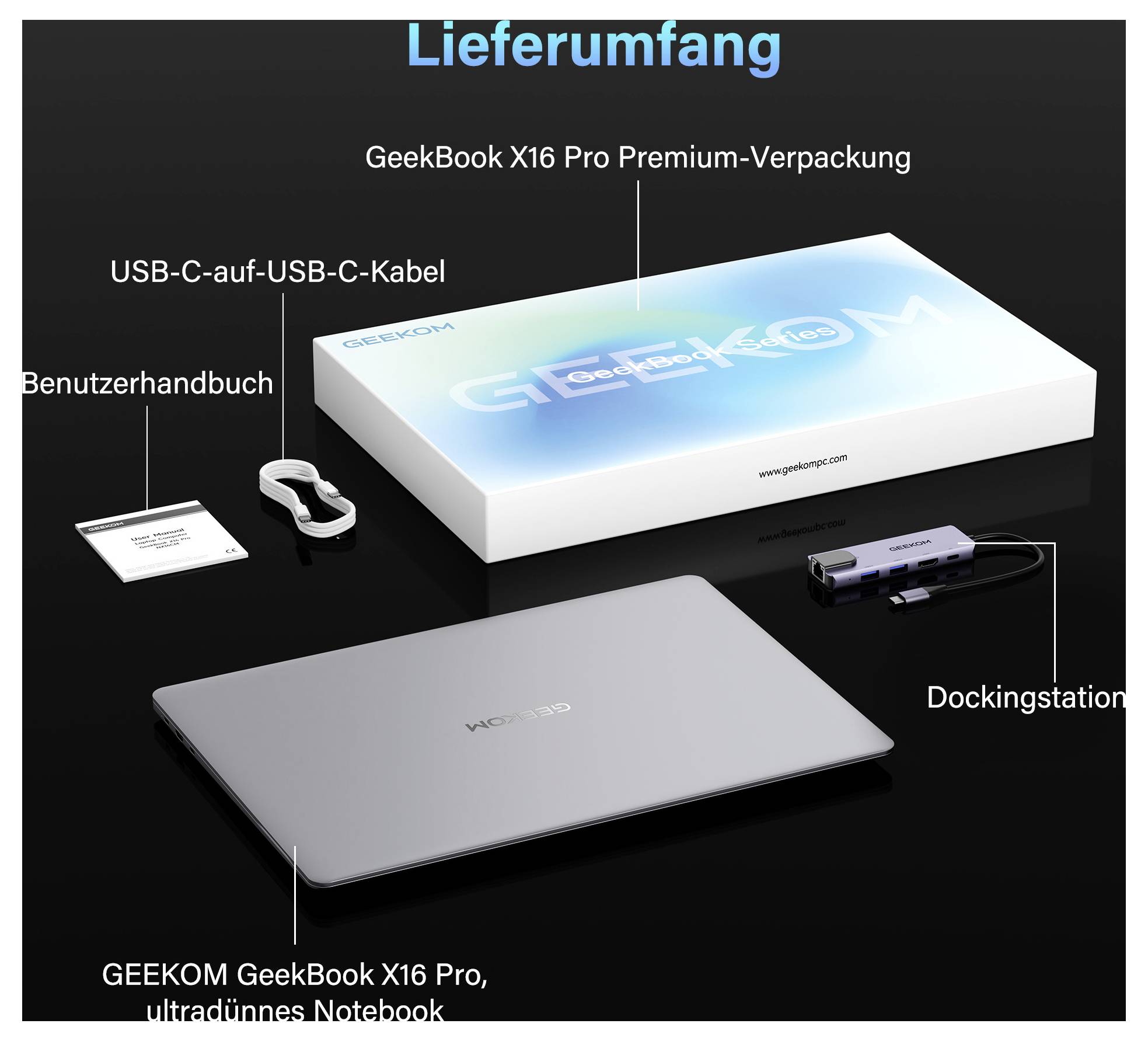 Abbildung der enthaltenen Artikel für das GeekBook X16 Pro: Premium-Box, USB-C-Kabel, Benutzerhandbuch, Dockingstation und das ultraflache Notebook.