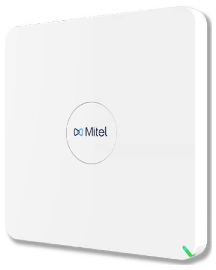 Weißes quadratisches, an der Wand montiertes Mitel-Gerät mit abgerundeten Kanten und einem kleinen grünen Akzent in der unteren rechten Ecke.