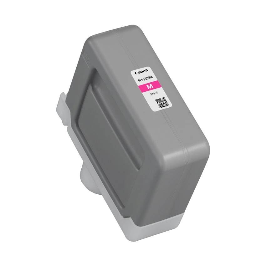 Grauer Canon Magenta-Tintenpatrone mit Etikett und QR-Code auf weißem Hintergrund.