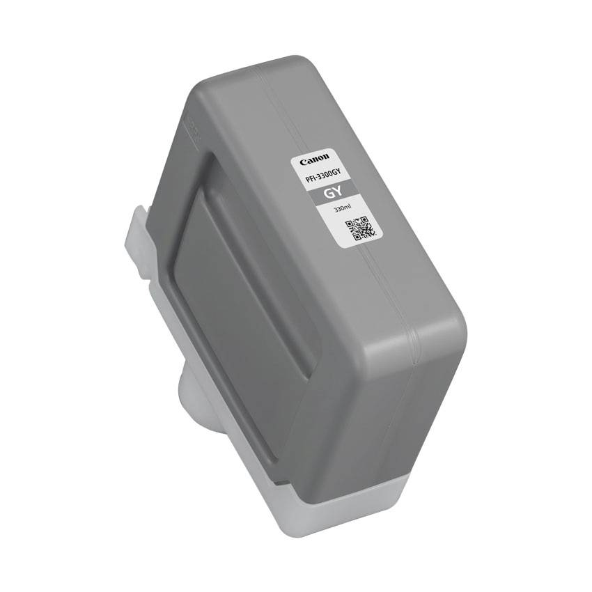 Graue Canon-Tintenpatrone auf weißem Hintergrund, im Winkel dargestellt mit sichtbarem Etikett und QR-Code.