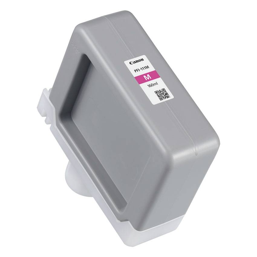 Graue Canon PFI-111M Magenta-Druckpatrone, mit der Bezeichnung 160 ml, vor weißem Hintergrund dargestellt.