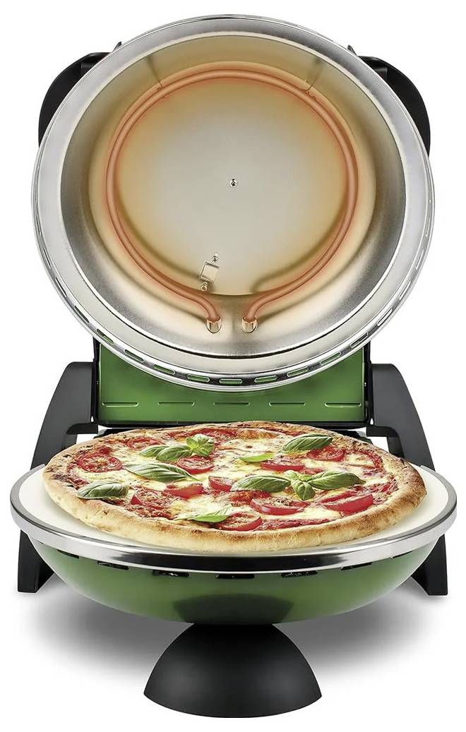 Tragbarer elektrischer Pizzaofen mit einer Pizza, die auf dem unteren Stein backt, und dem Heizelement, das in der offenen oberen Kammer sichtbar ist.