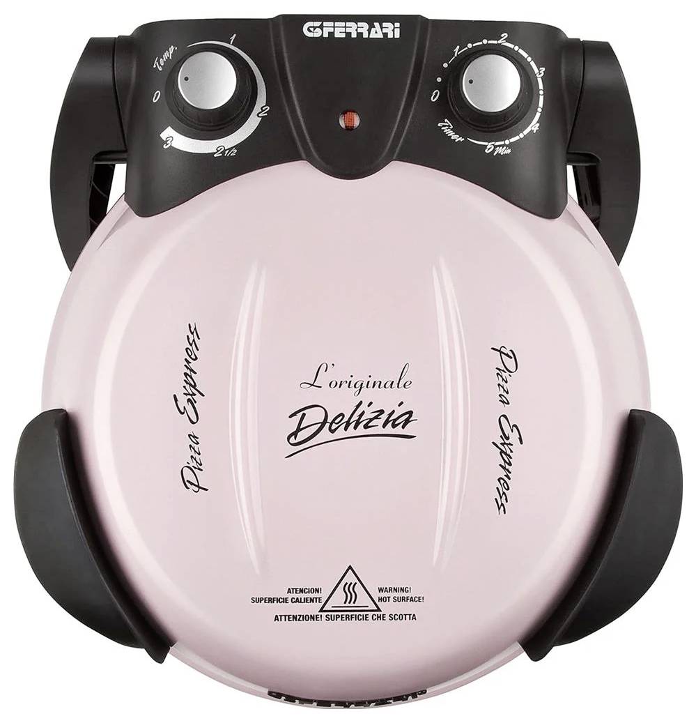 Pink Ferrari Arbeitsplatte Pizza-Maker mit dualen Temperaturreglern und geschlossenem Deckel, beschriftet mit „L'originale Delizia
