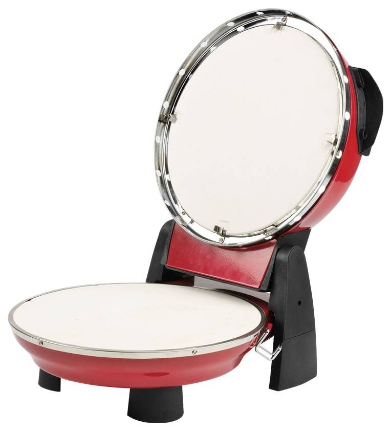 Rotes und schwarzes Schlagzeuginstrument mit einer kreisförmigen, aufrecht angebrachten Trommelfell und einer zweiten Trommelfläche darunter.