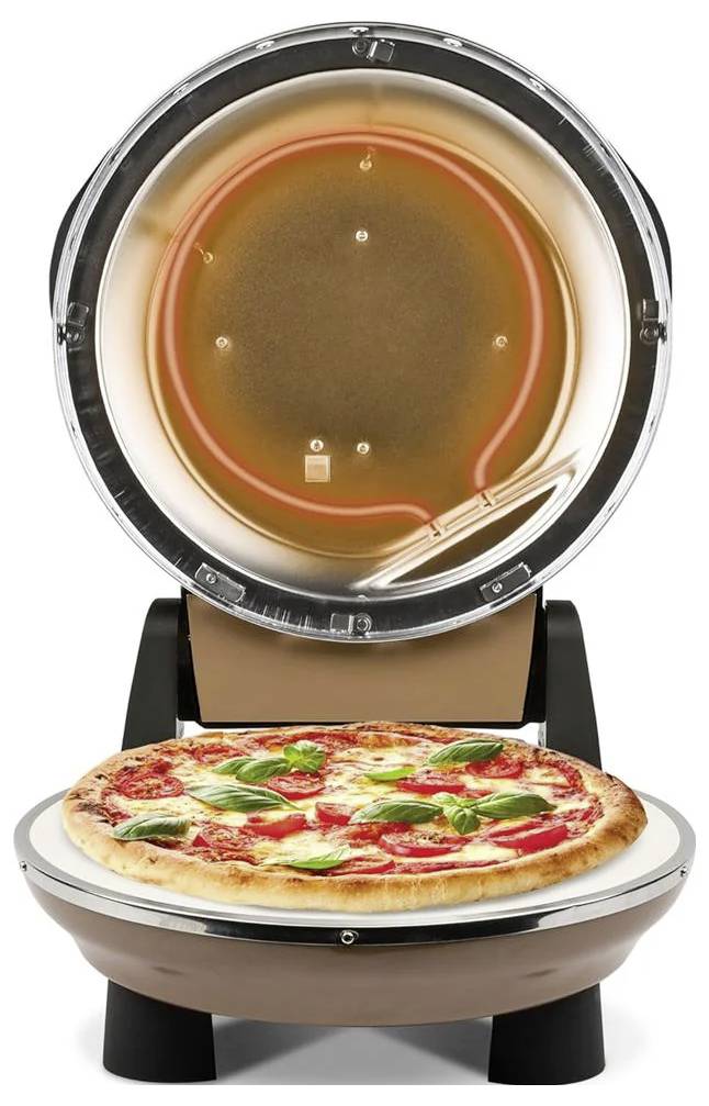 Küchenarbeitsplatte-Pizzaofen mit geöffnetem Deckel, das Heizelement über einer Pizza auf dem Backblech zeigend.