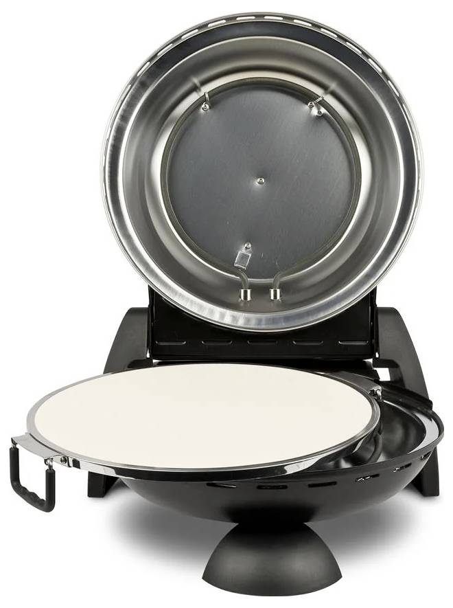 Offener Tischgrill mit rundem Deckel und weißer Kochfläche auf schwarzem Sockel.