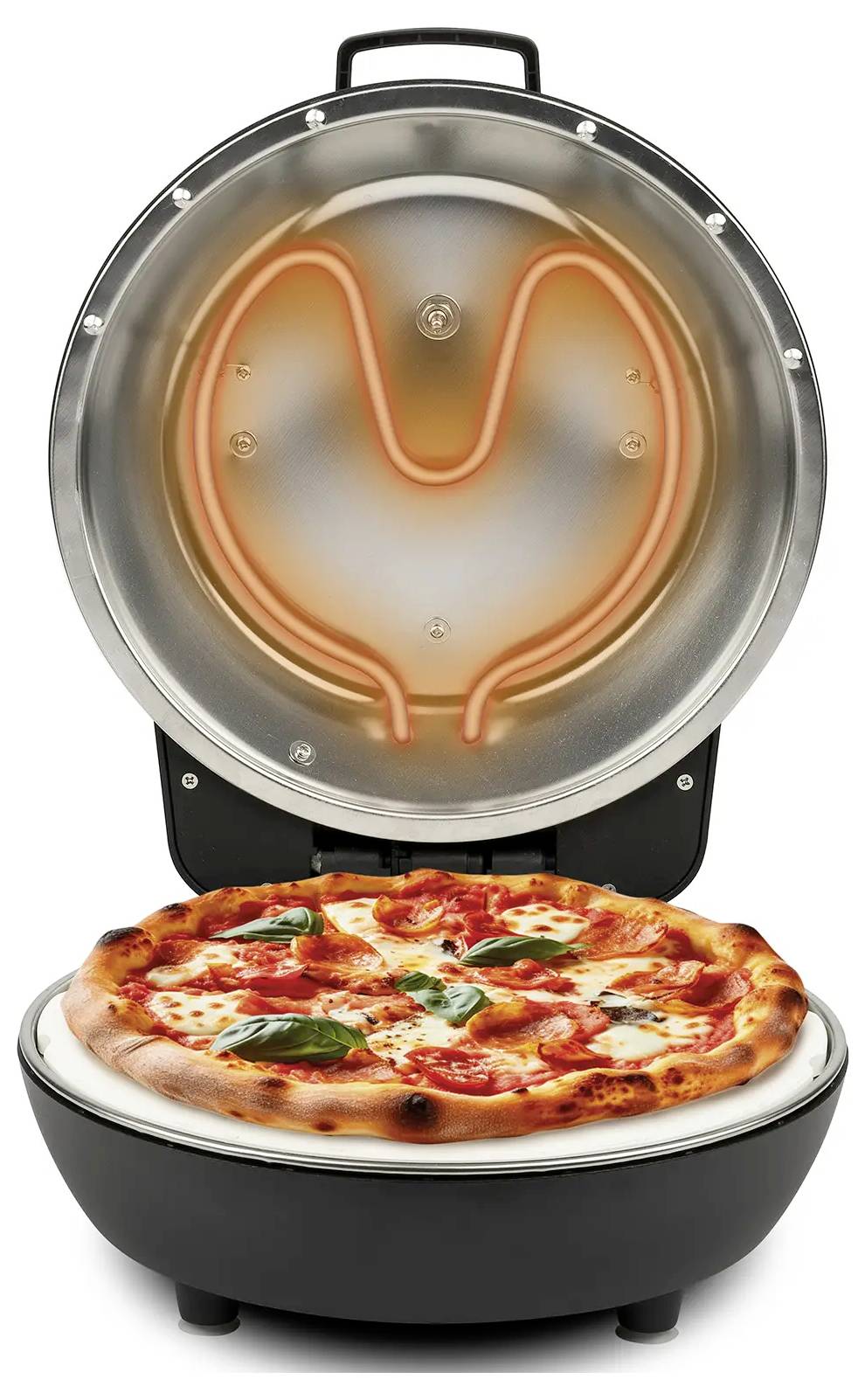 Arbeitsplattenelektrischer Pizzaofen mit beheiztem U-förmigem Element und einer frisch gebackenen Pizza im Inneren
