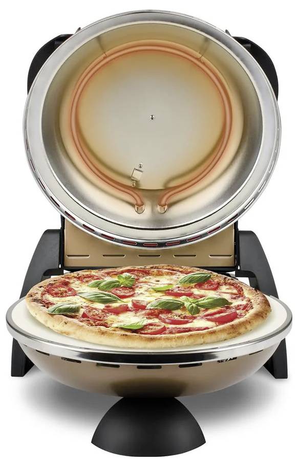 Kompakter Pizzaofen für die Arbeitsplatte mit einer Pizza auf dem unteren Tablett und geöffnetem Deckel, der das Heizelement im Inneren zeigt.