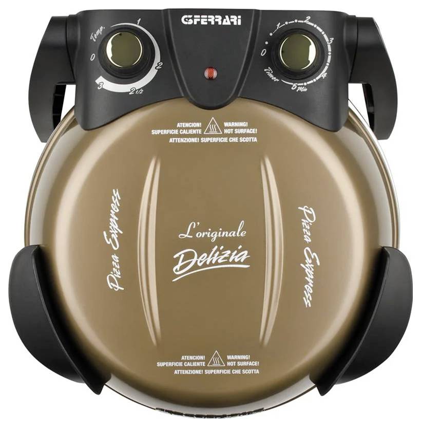 Vorderansicht eines G3Ferrari-Pizzaofens mit zwei Temperaturreglern und braunem Deckel mit der Aufschrift „L'originale Delizia