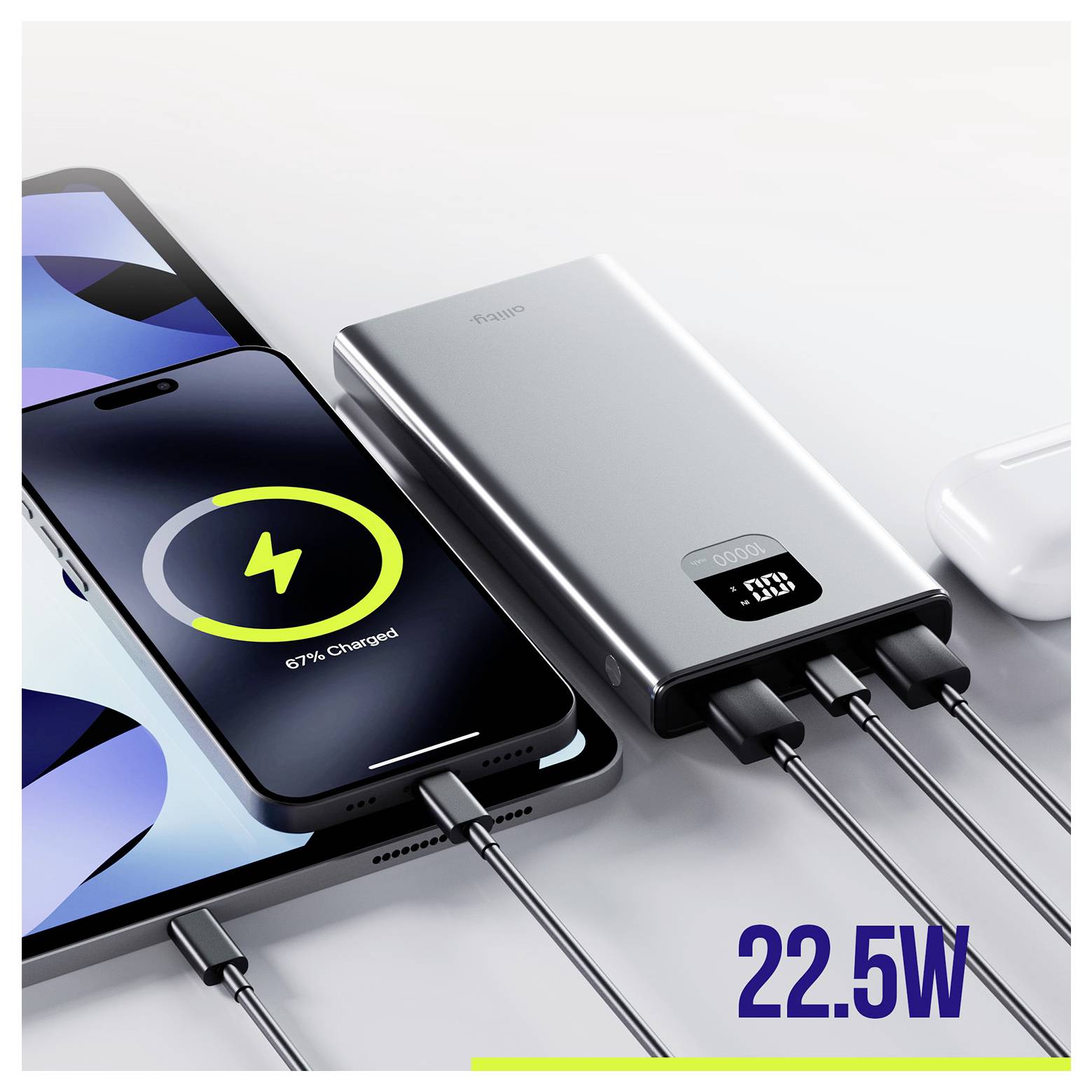 Allity APB-100 Powerbank 10000 mAh Quick Charge, USB PD LiPo USB-C®, USB-A Grau