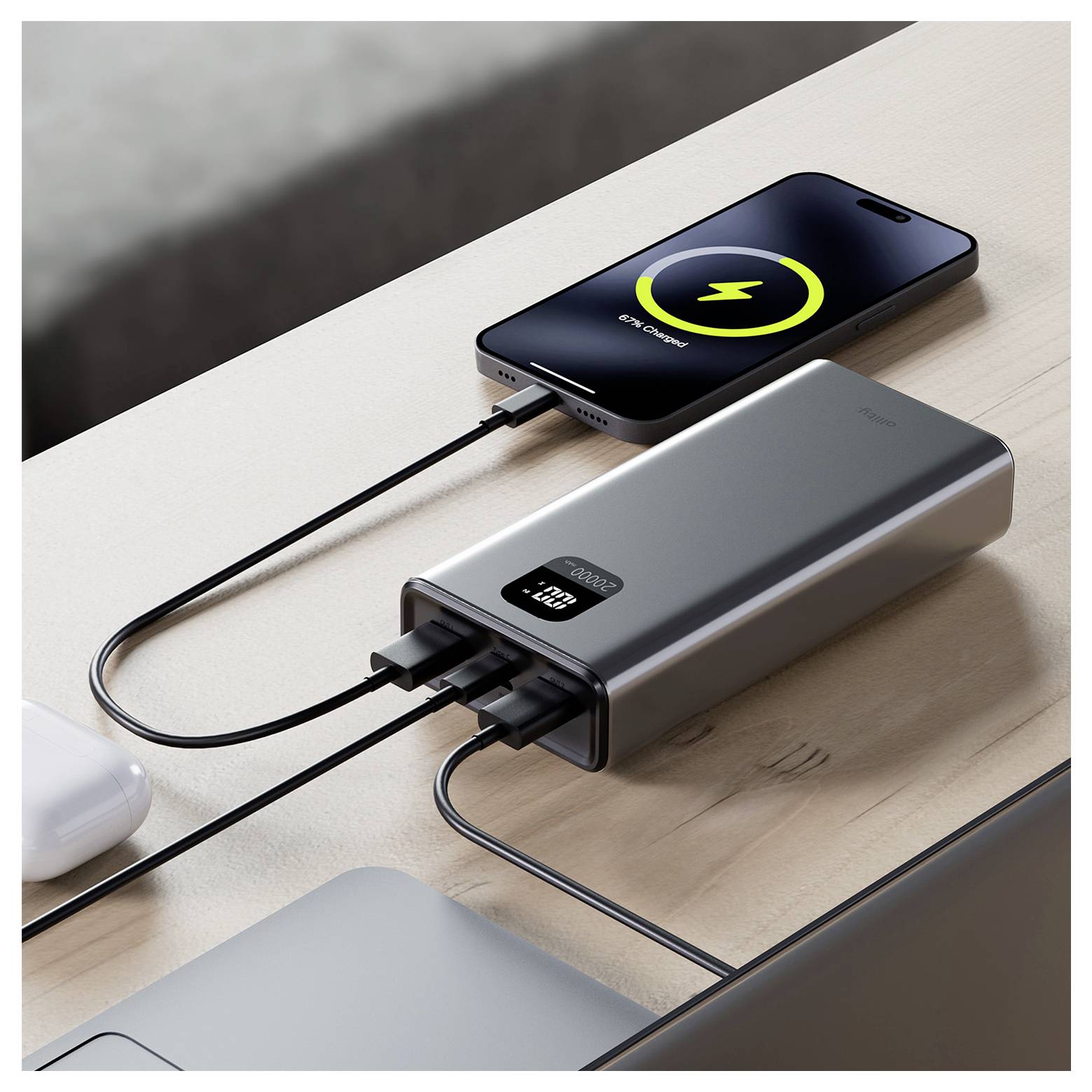 Allity APB-100 Powerbank 20000 mAh Quick Charge, USB PD LiPo USB-C®, USB-A Grau Statusanzeige