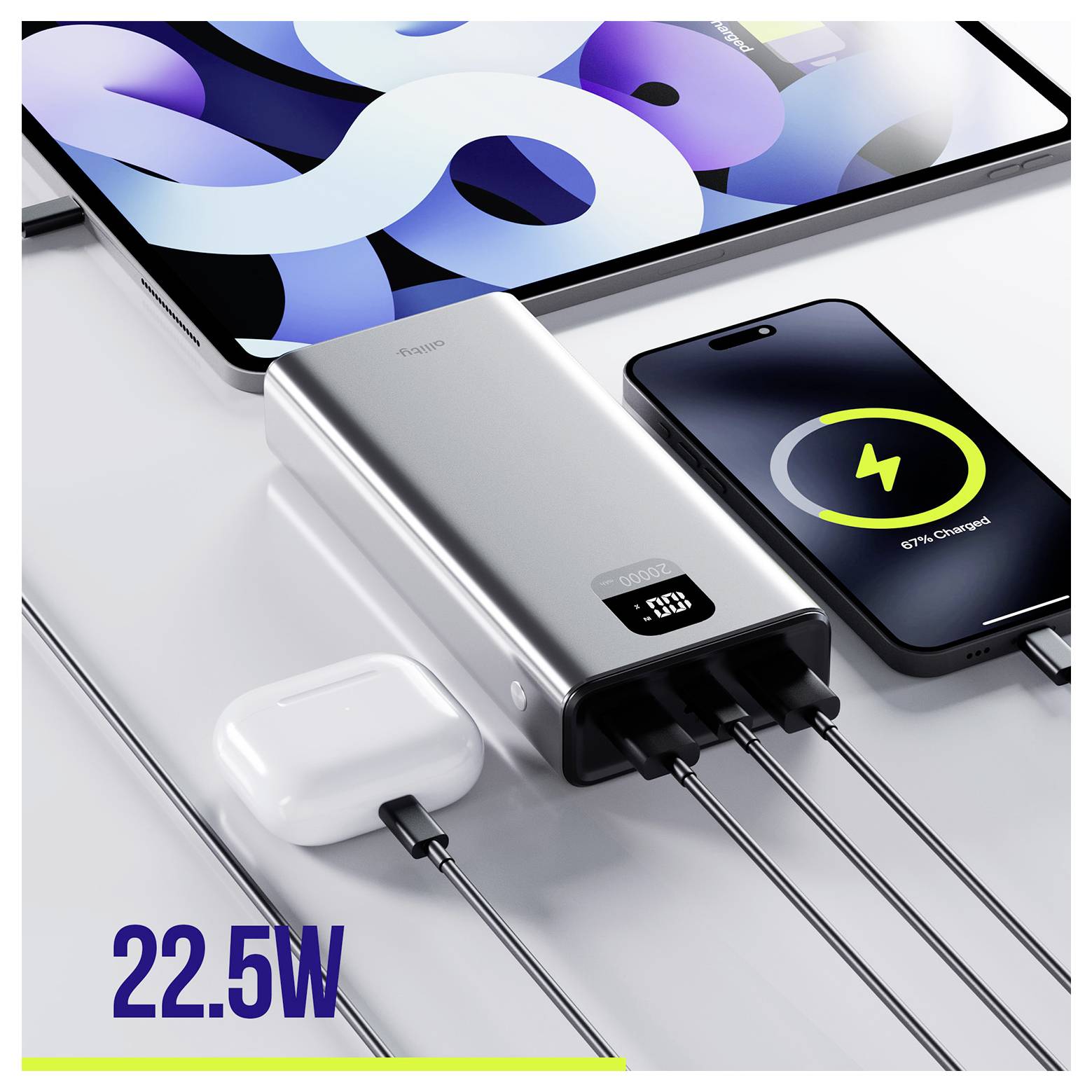 Allity APB-100 Powerbank 20000 mAh Quick Charge, USB PD LiPo USB-C®, USB-A Grau Statusanzeige