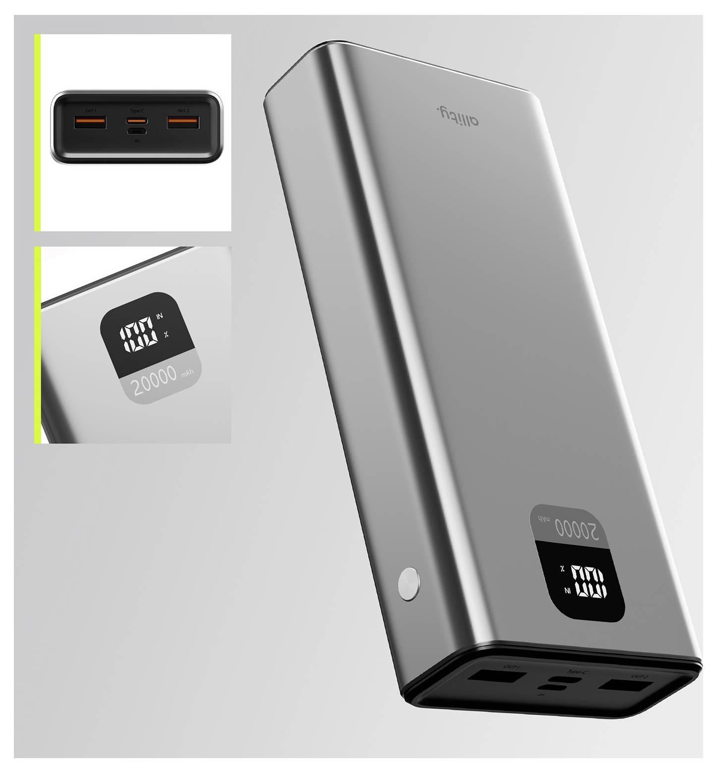 Allity APB-100 Powerbank 20000 mAh Quick Charge, USB PD LiPo USB-C®, USB-A Grau Statusanzeige