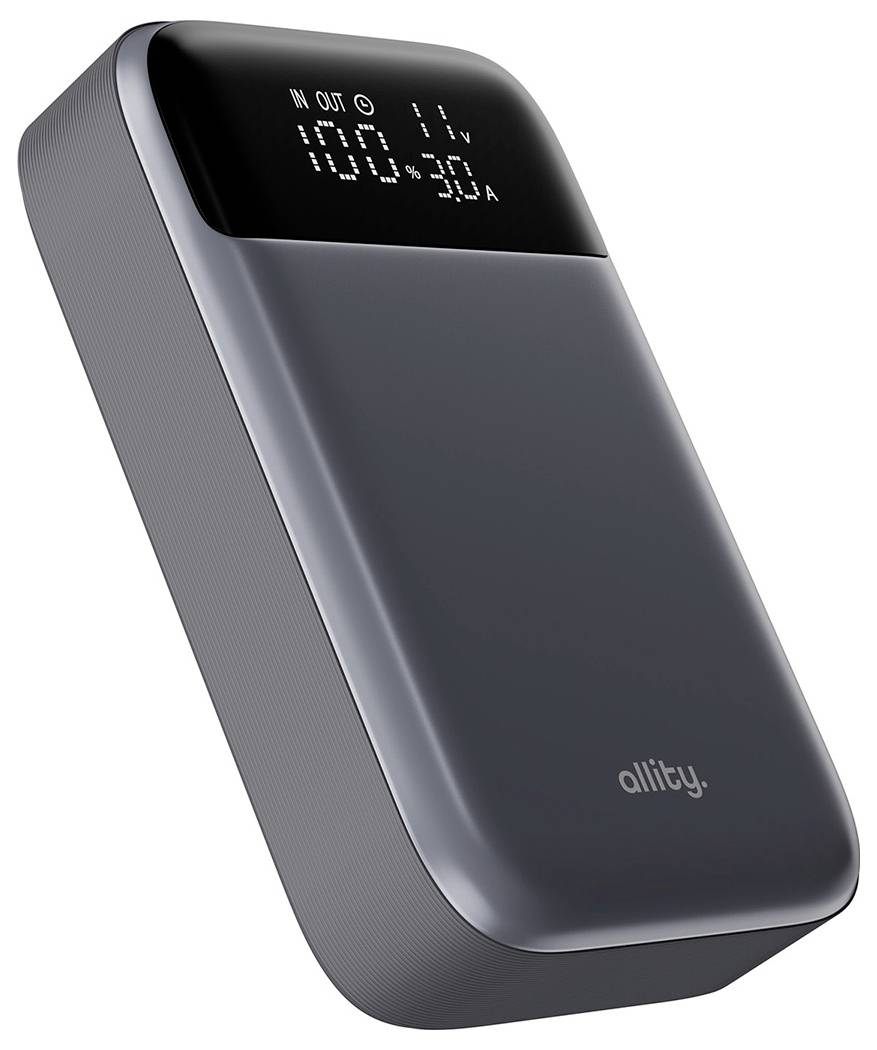 Tragbare Powerbank mit digitaler Anzeige, die den Batteriezustand und die Ladeleistung auf einem dunkelgrauen Gerät anzeigt.