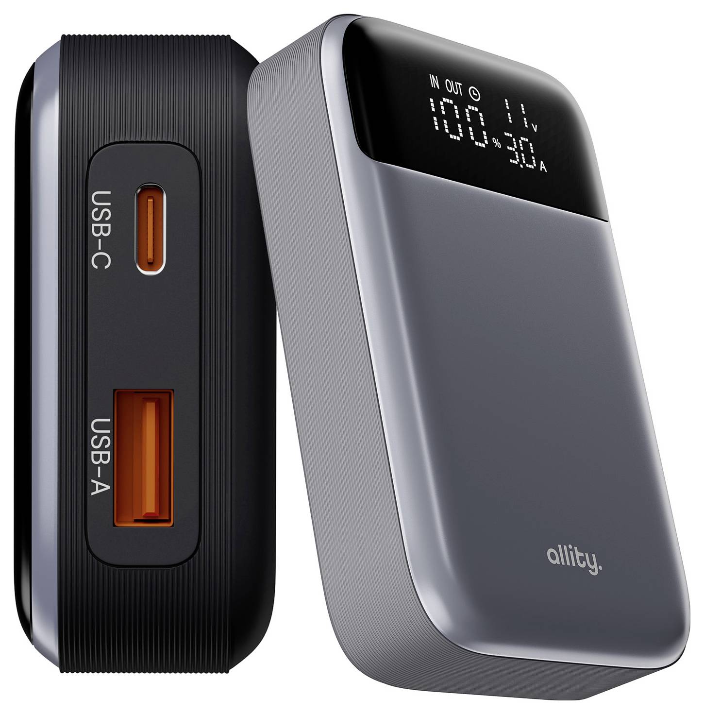 Grau-schwarze Powerbank mit digitaler Anzeige, die den Ein-/Ausgabestatus zeigt, sowie USB-C- und USB-A-Anschlüsse an der Seite.