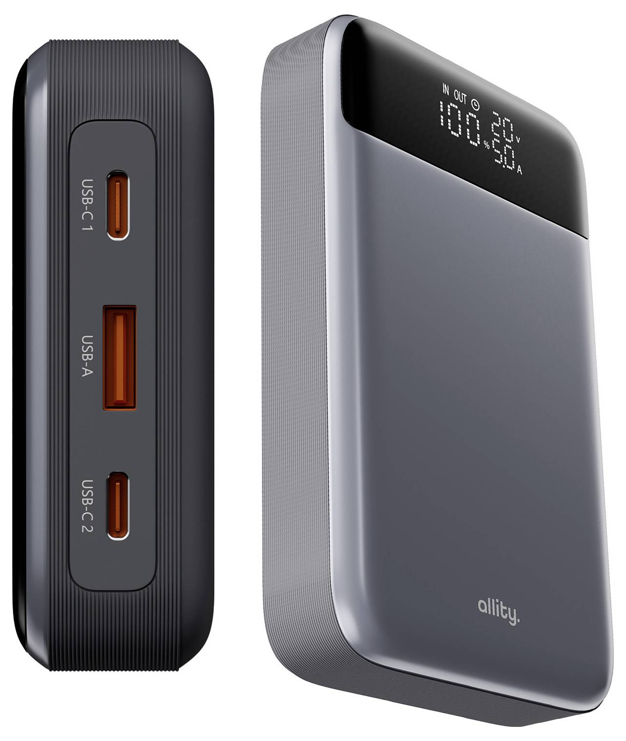 Tragbare Powerbank in Vorder- und Seitenansicht, mit drei USB-C-Anschlüssen und digitales Display, das 100% Ladung anzeigt.