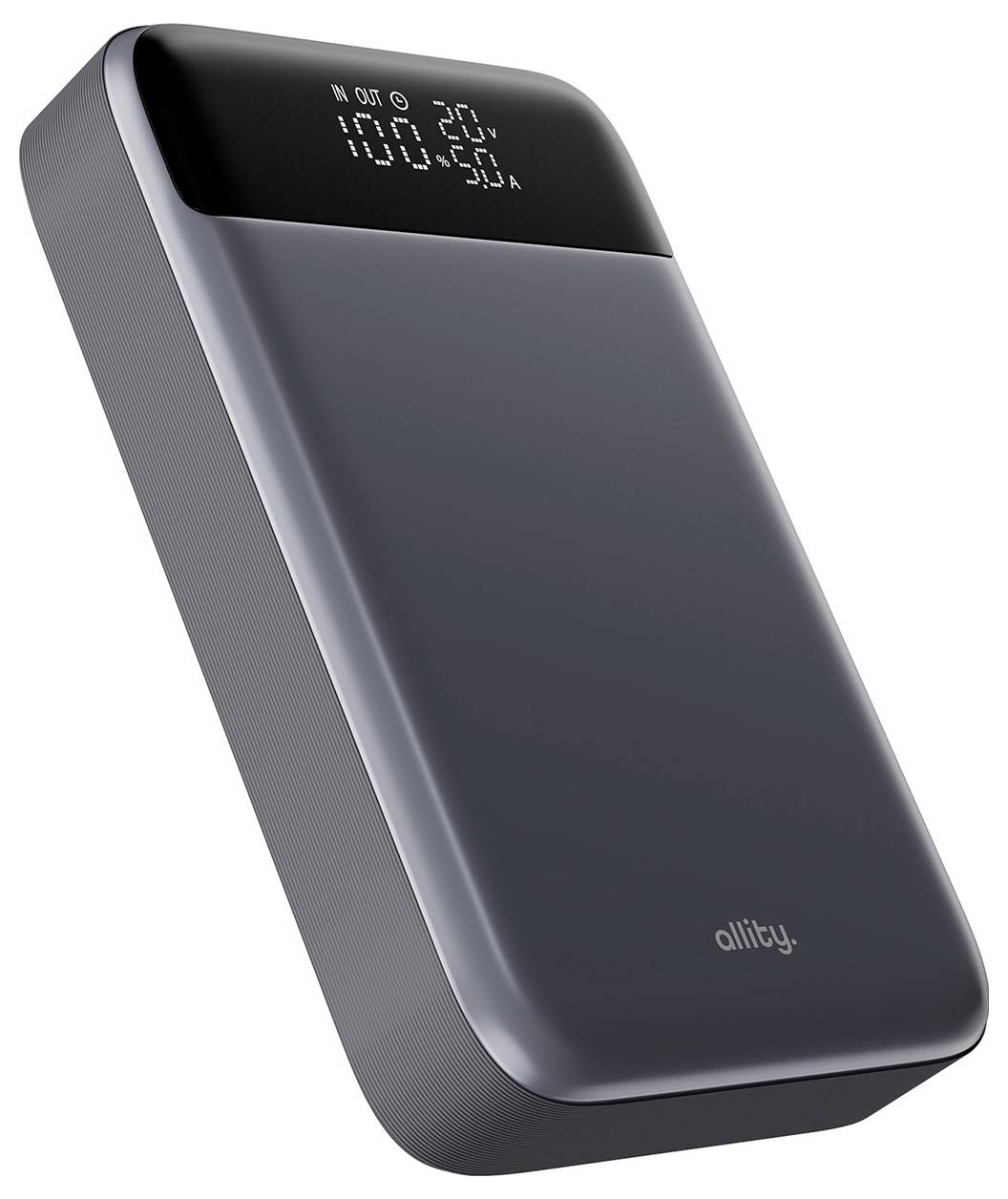 Schlanke schwarze Allity-Powerbank mit digitaler Batteriezustandsanzeige an der oberen Kante.