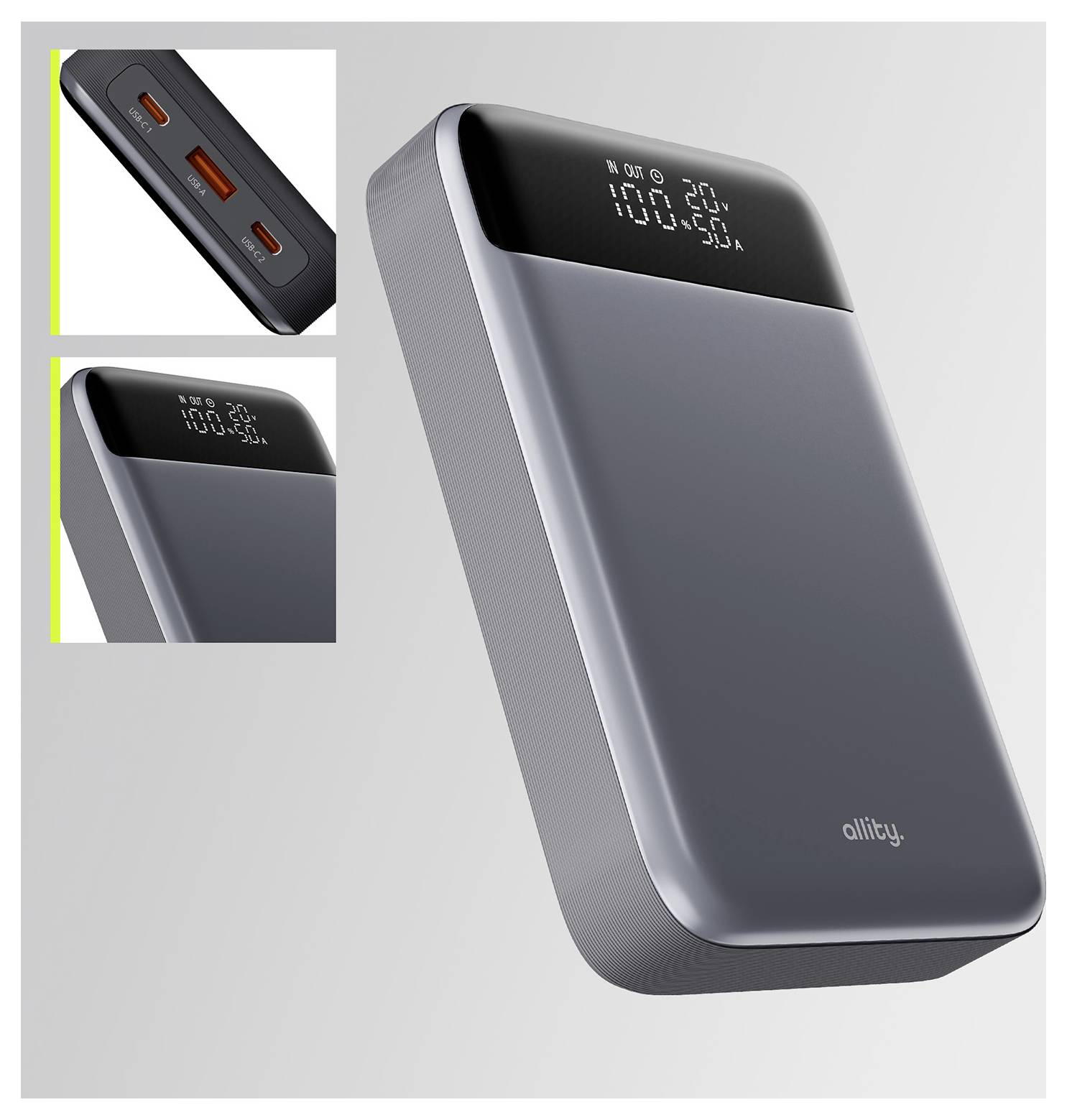 Grauer tragbarer Powerbank mit digitalem Batteriedisplay; Detailansichten zeigen zwei USB-Anschlüsse und den Ladebildschirm.