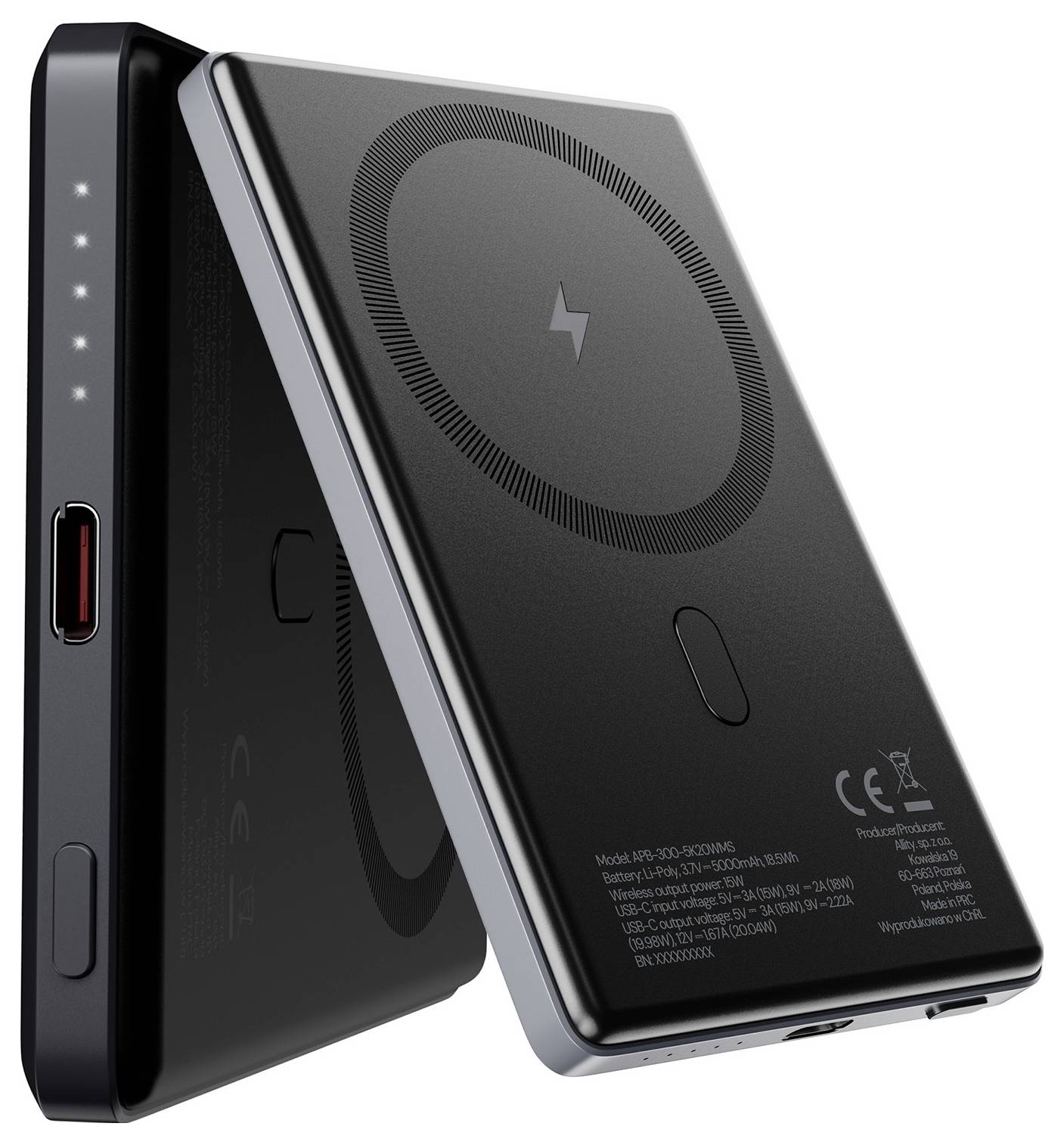 Zwei schlanke schwarze kabellose Ladepowerbänke, eine mit Seitenports und Anzeigelichtern, die andere mit einem symbolischen Ladepadsymbol in Kreisform