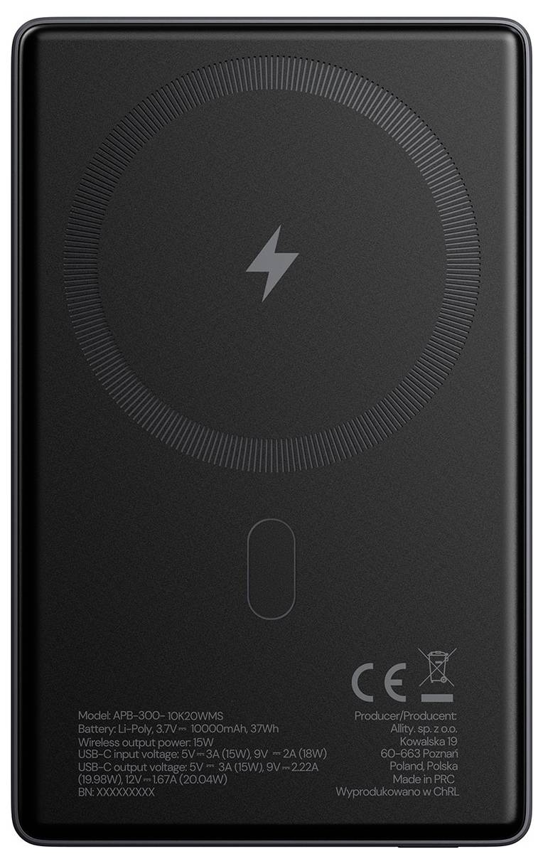 Schwarze kabellose Powerbank mit zentralem Blitzsymbol und Batterieanzeige, Vorderansicht mit Produkt- und Zertifizierungstext am unteren Rand.