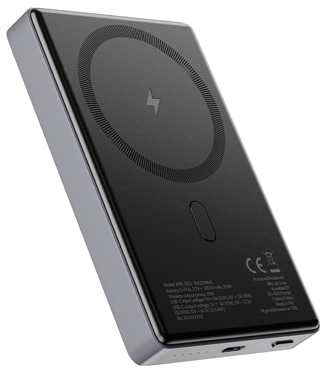Schwarze kabellose Ladepower-Bank in Schrägansicht, mit kreisförmlichem Ladepad, LED-Anzeige und USB-Anschlüssen auf der Unterseite.