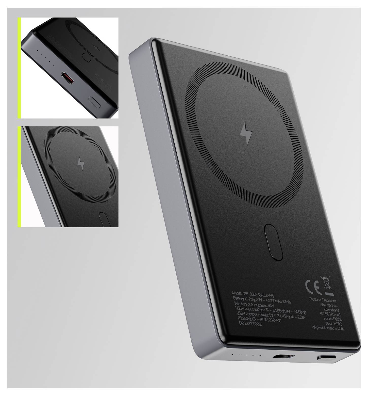 Schwarze tragbare Powerbank in Schrägansicht mit eingefügten Nahaufnahmen des USB-C-Anschlusses und des Symbols für kabelloses Laden.