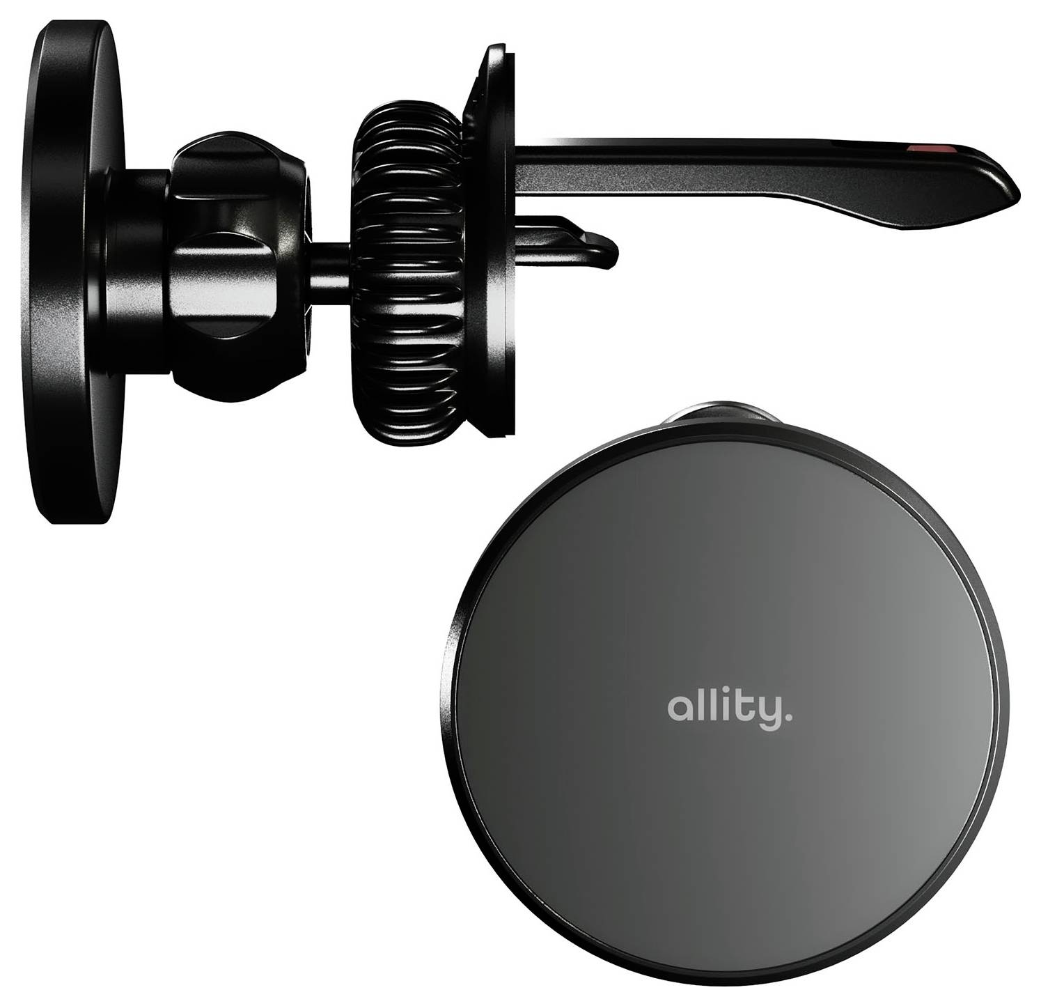 Schwarze magnetische Autotelefonhalterung mit Saugnapf und verstellbarem Arm in der Seitenansicht, plus runde magnetische Scheibe mit der Bezeichnung „allity