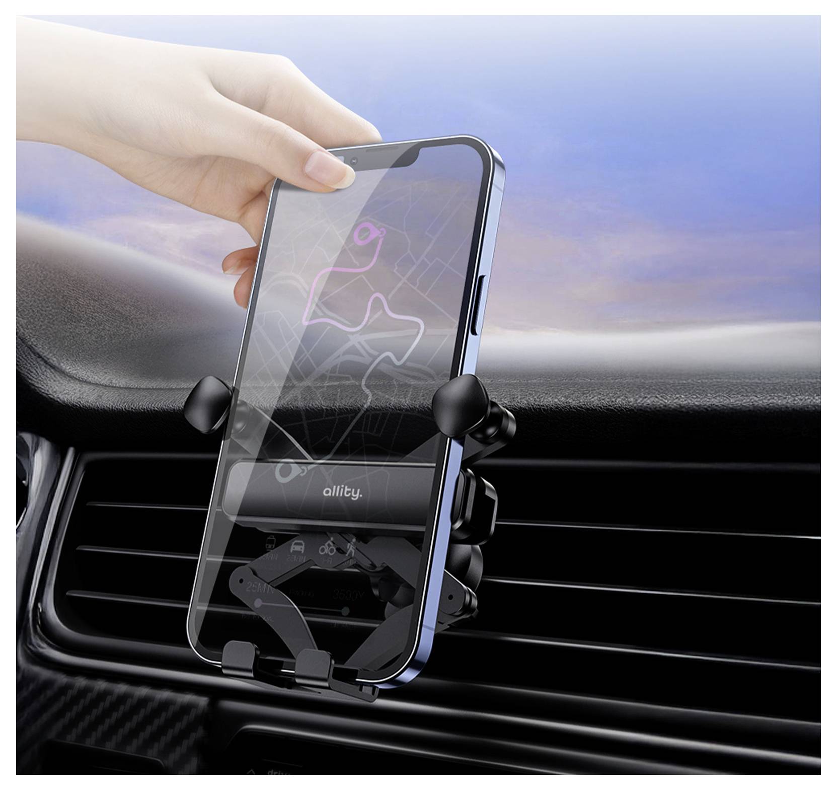 Hand legt ein Smartphone in eine Kfz-Armaturenbrett-Lüftungsschlitz-Halterung ein und zeigt einen sicheren Telefonhalter im Fahrzeuginnenraum.