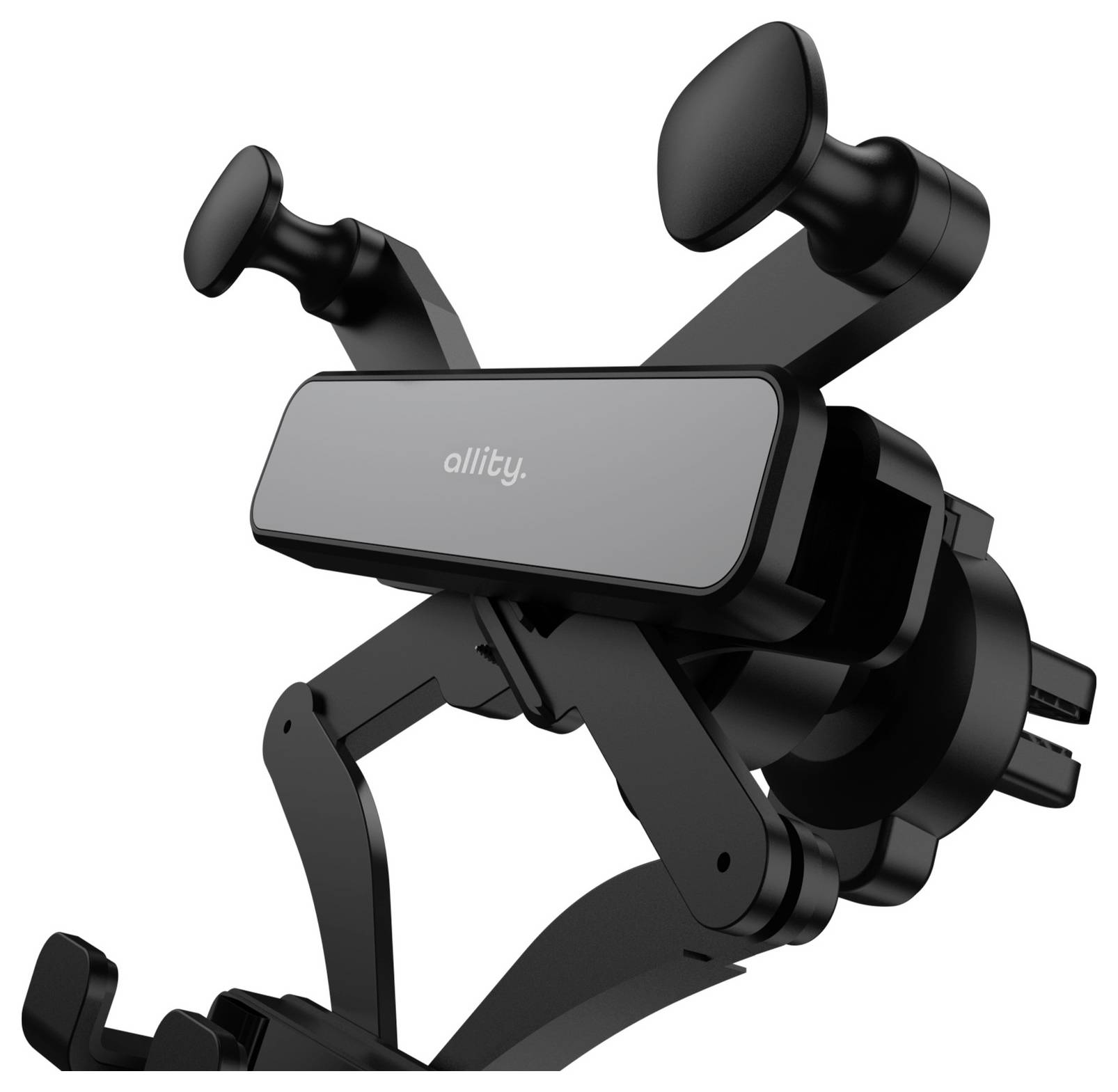 Schwarze Black Allity Autotelefonhalterung mit verstellbaren Klemmarmen und Saugnapf, shown on a white background.