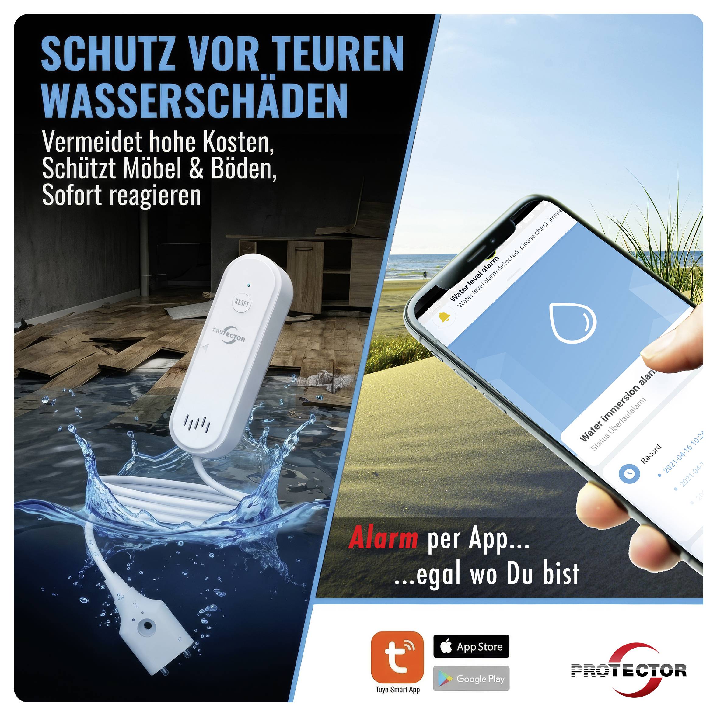 # PROTECTOR Wasserleck-Alarm**Geteiltes Bild zeigt einen Sensor im Hochwasser, der ein Haus schützt, und eine Smartphone-App-Benachrichtigung mit Text:****„Schutz vor teuren Wasserschäden