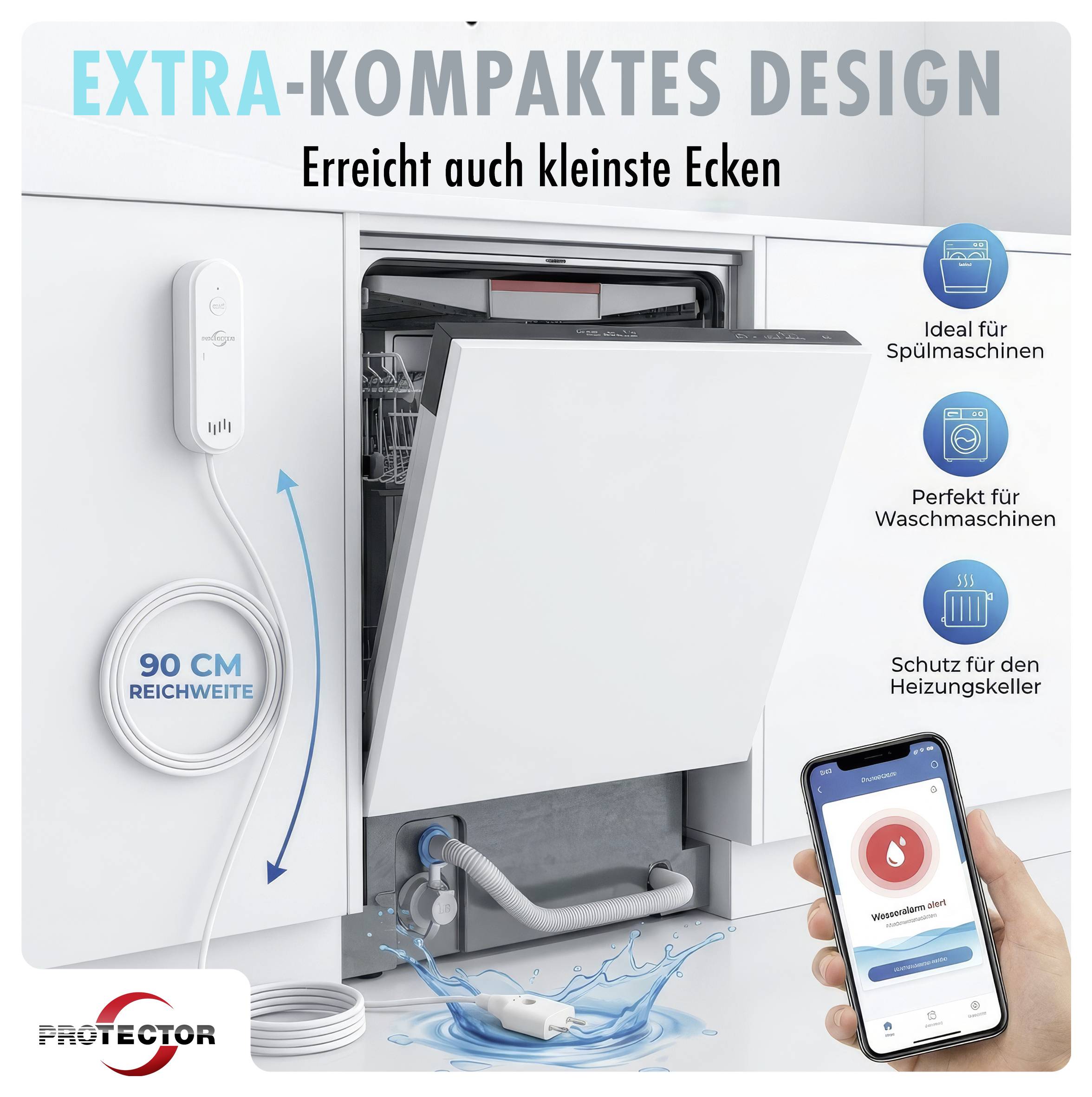 Protector 15044 WA-2 Wassermelder mit WIFI-Alarmweiterleitung mit App-Steuerung batteriebetrieben