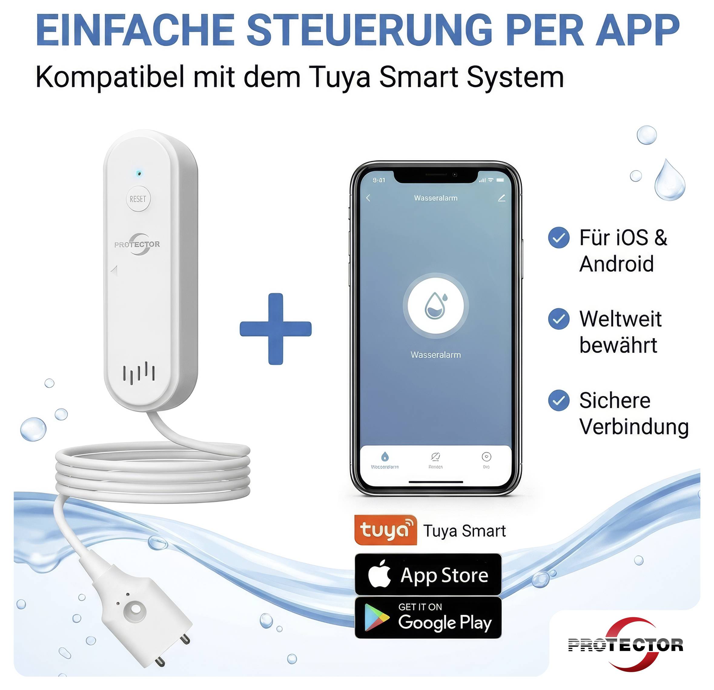 Werbegrafik für die App-Steuerung eines Protector Wassersensors mit Tuya Smart: Gerät plus Smartphone-App, iOS/Android, weltweit bewährt, sichere Verbindung.