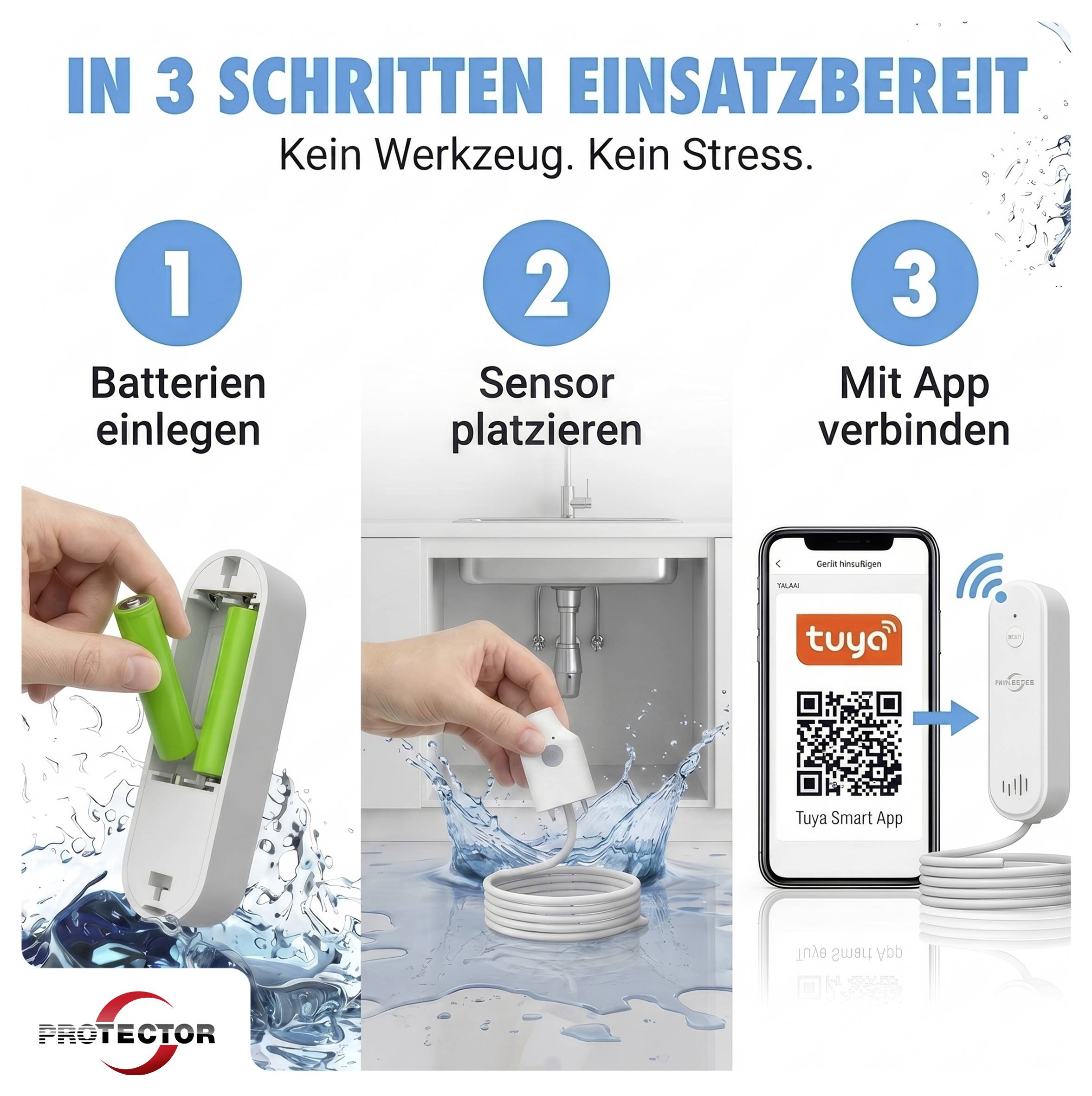 Protector 15044 WA-2 Wassermelder mit WIFI-Alarmweiterleitung mit App-Steuerung batteriebetrieben