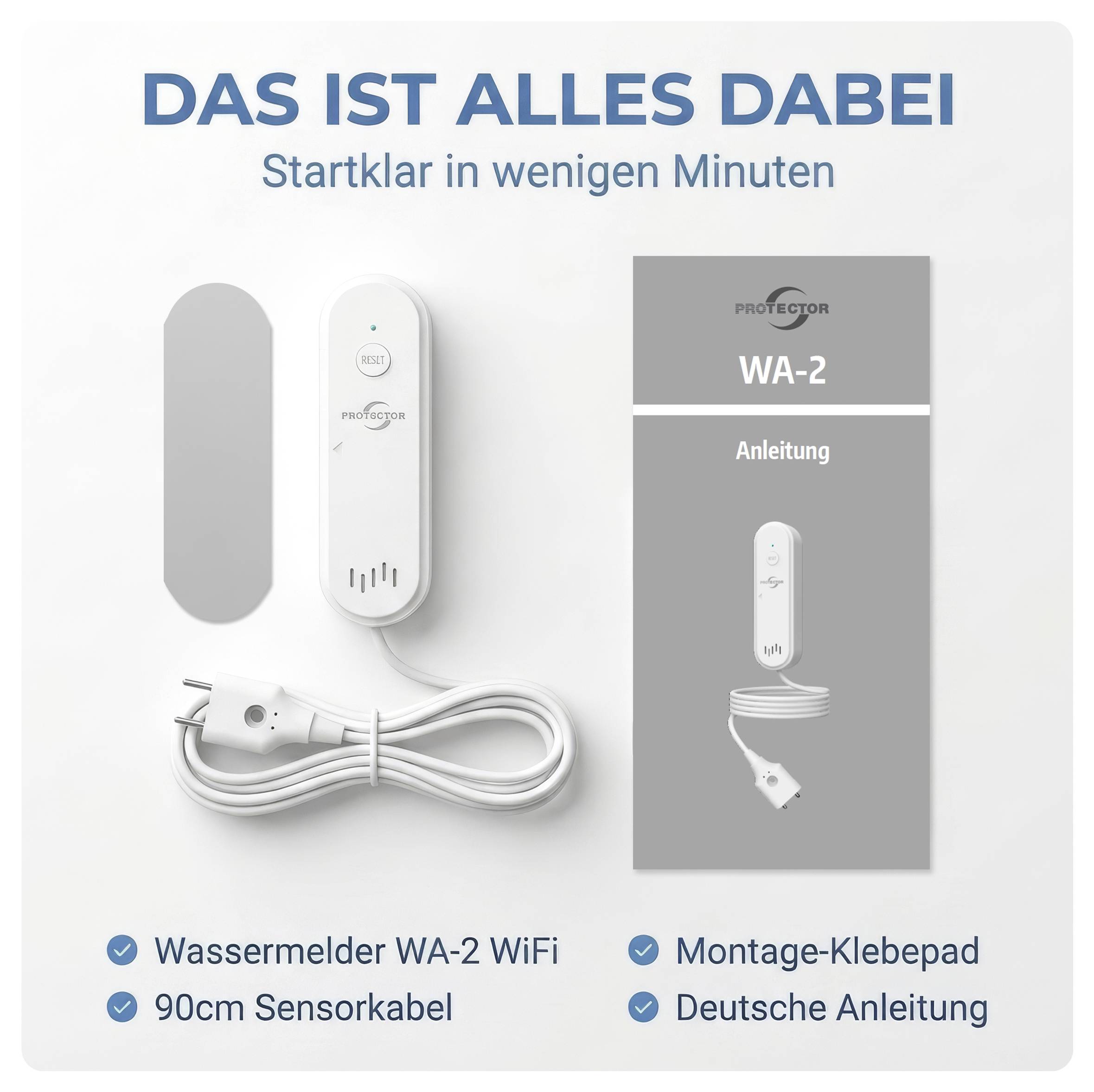 Packungsinhalt für WA-2 WiFi-Wassersensor: Sensor, 90 cm Kabel, Montageklebepads und deutsches Benutzerhandbuch.