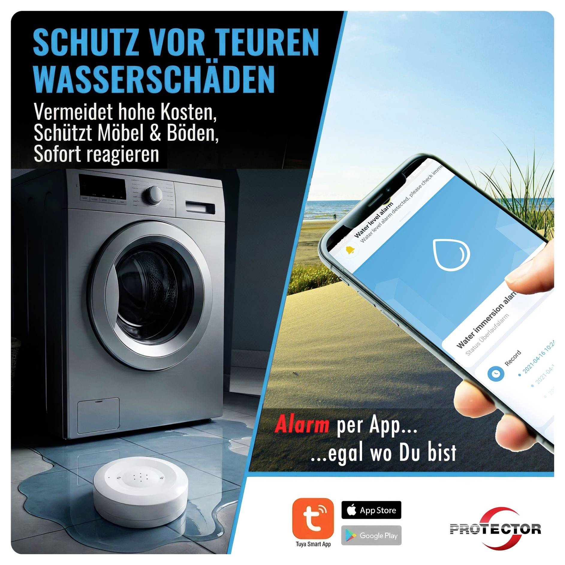 Wasserschadenschutz-Werbung: Ein Sensor bei der Waschmaschine und eine Smartphone-App mit dem Text „Alarm per App ... egal wo Du bist