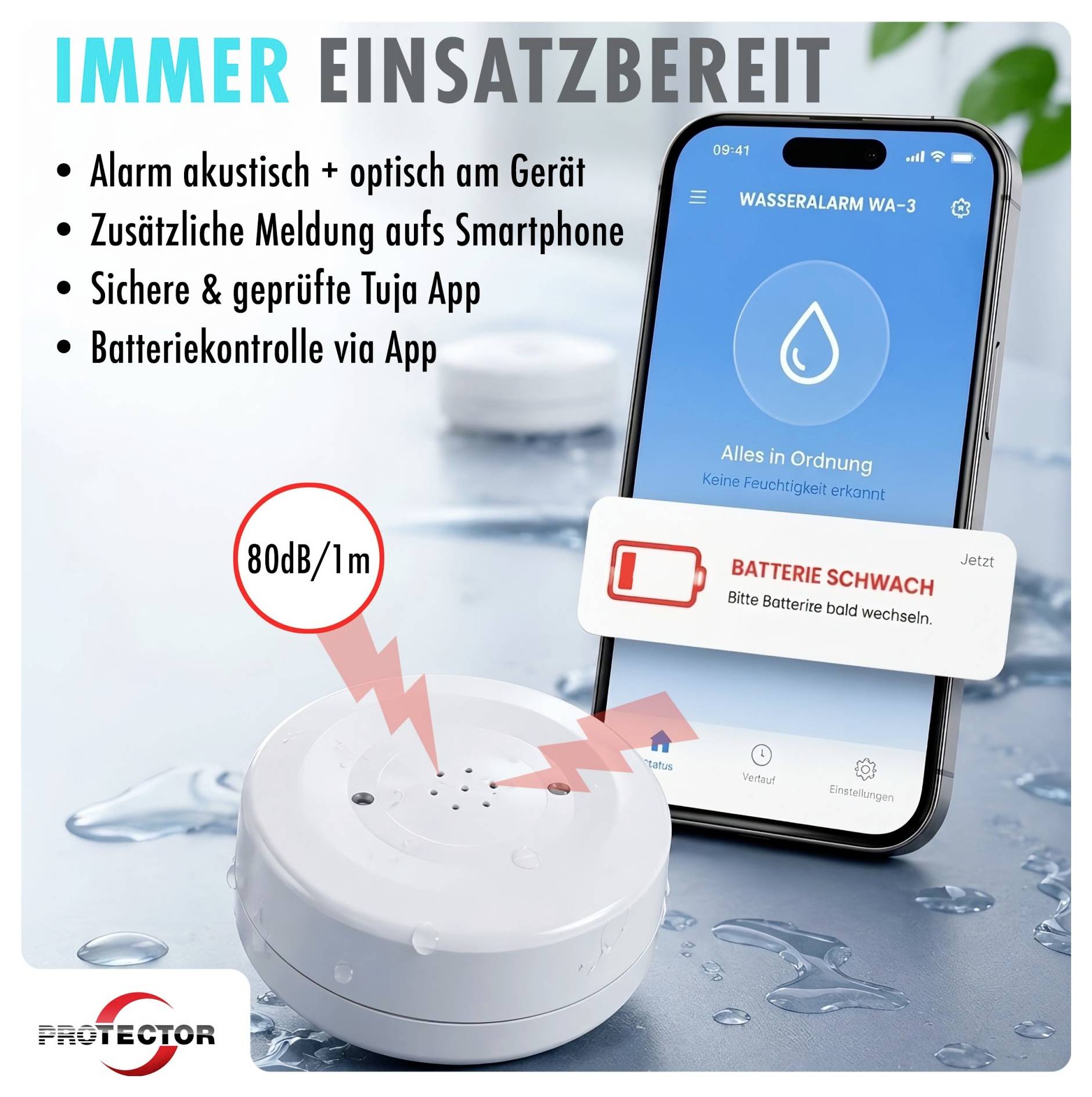 Wassermelder mit Smartphone-App-Benachrichtigung; die Überschrift lautet „IMMER EINSATZBEREIT