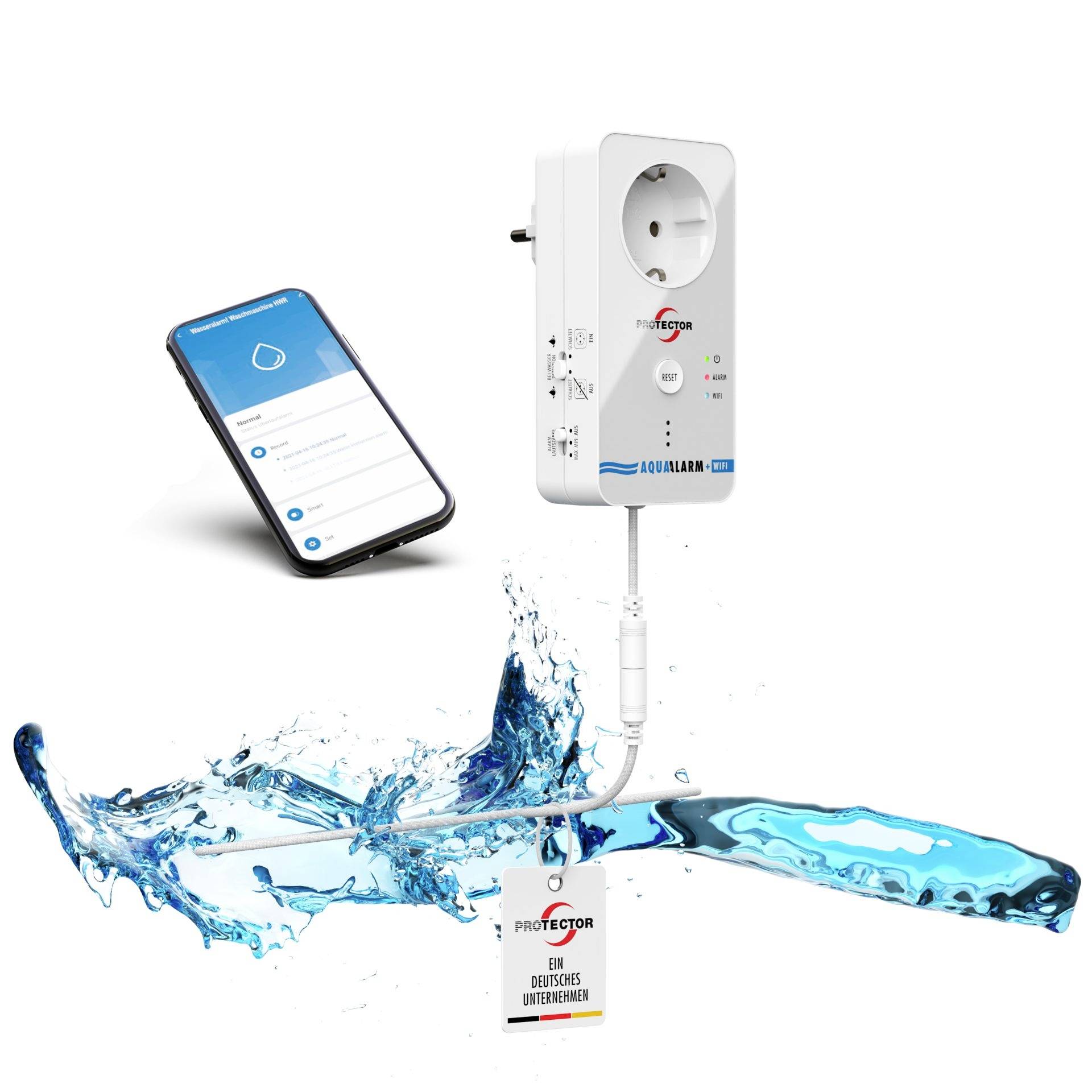 Intelligenter Stecker-Wasserleckagedetektor mit Telefon-App, Wandsteckdose und Sensorsonde im spritzenden Wasser