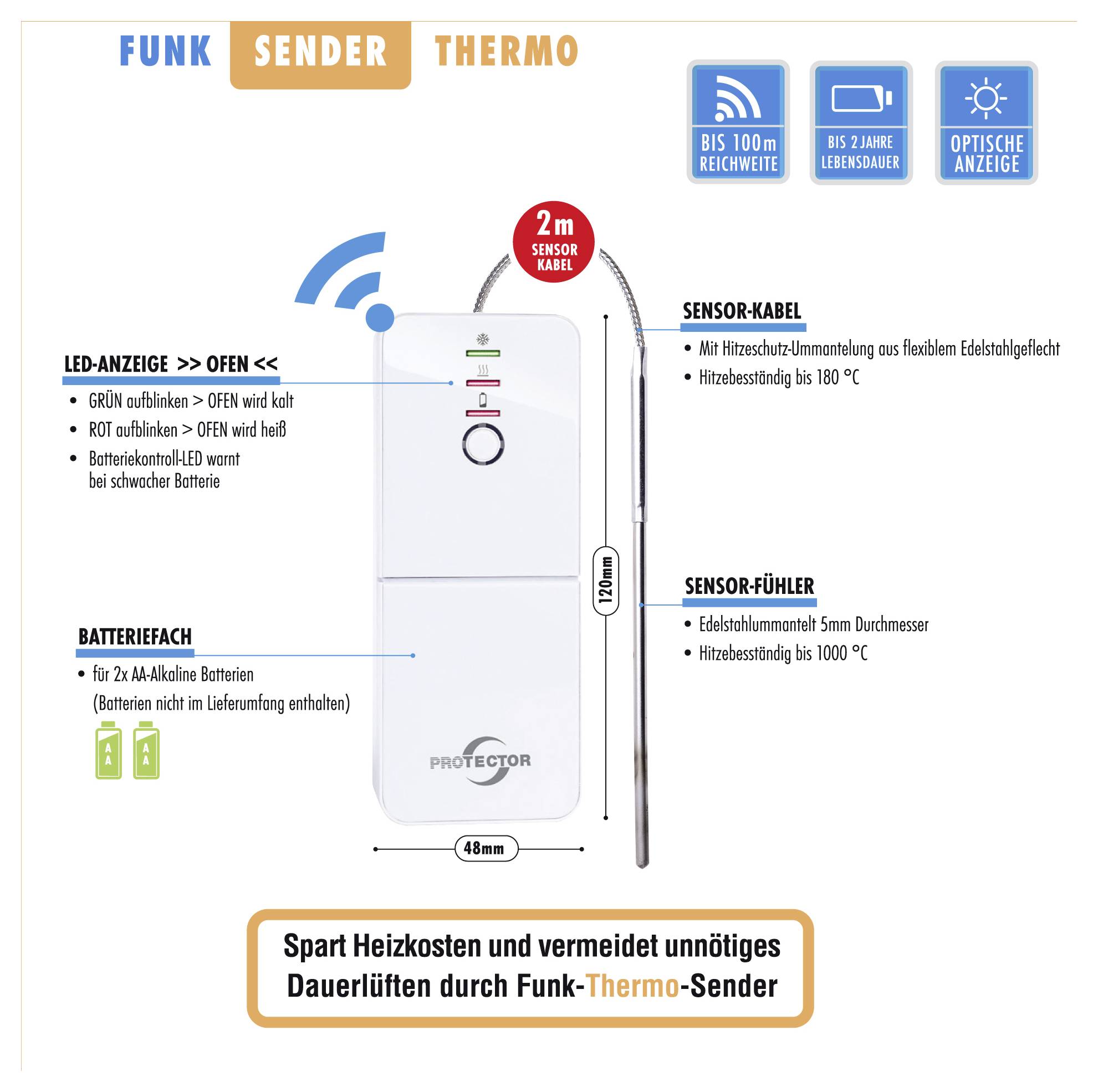 Diagramm eines Funk-Thermosenders mit LED-Display, 2 m Sensorkabel, Sensorsonde, Batteriefach und Funktionen wie bis zu 100 m Reichweite und optische Anzeige.
