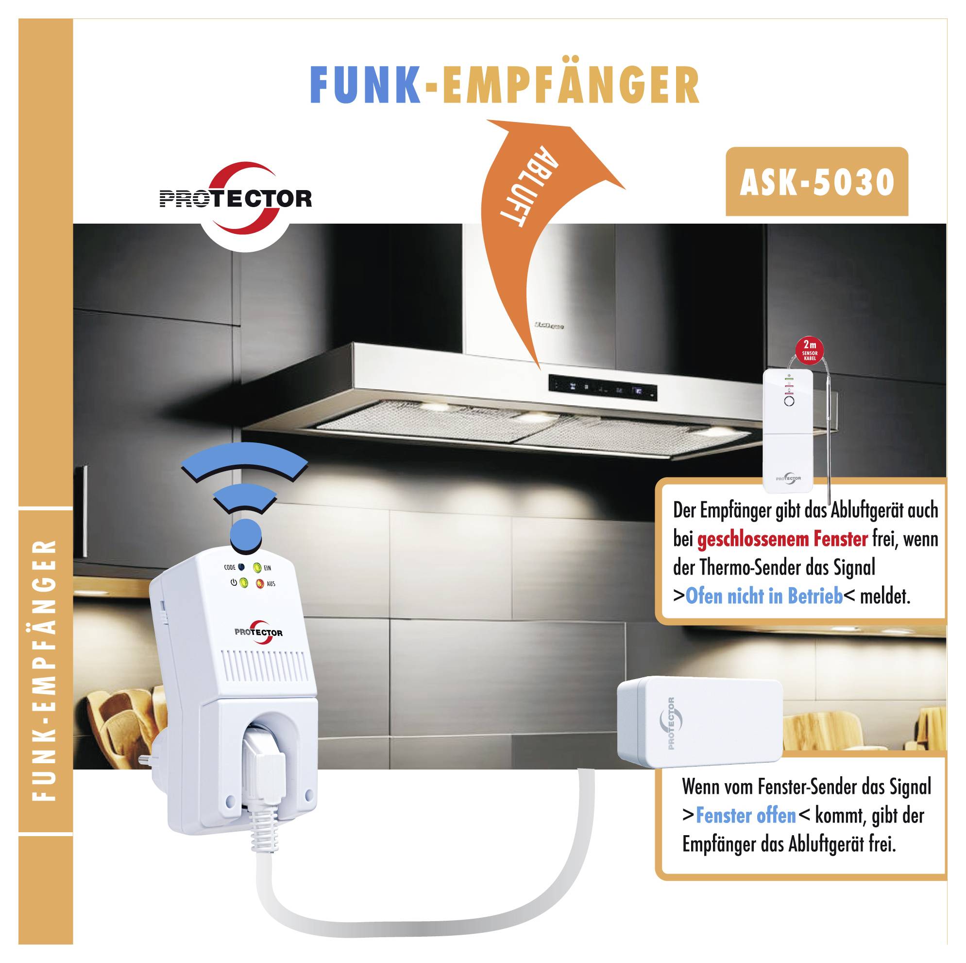 Produktgrafik für den Protector ASK-5030 Funkempfänger, der einen Sensor zeigt, der mit einer Küchenablufthauben verbunden ist; er signalisiert, wenn ein Fenster offen ist oder der Lüfter ausgeschaltet ist.