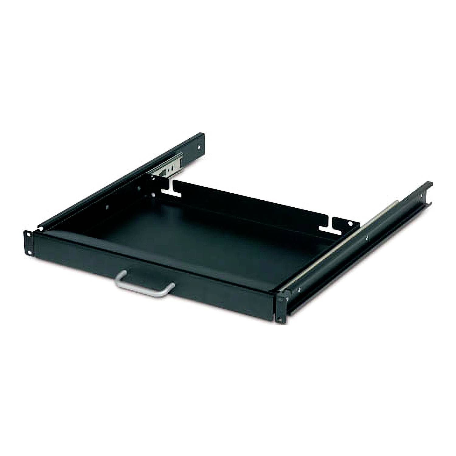 Schwarzes Metall-Ausziehbrett für Tastatur mit Seitenschienen und Frontgriff auf weißem Hintergrund.