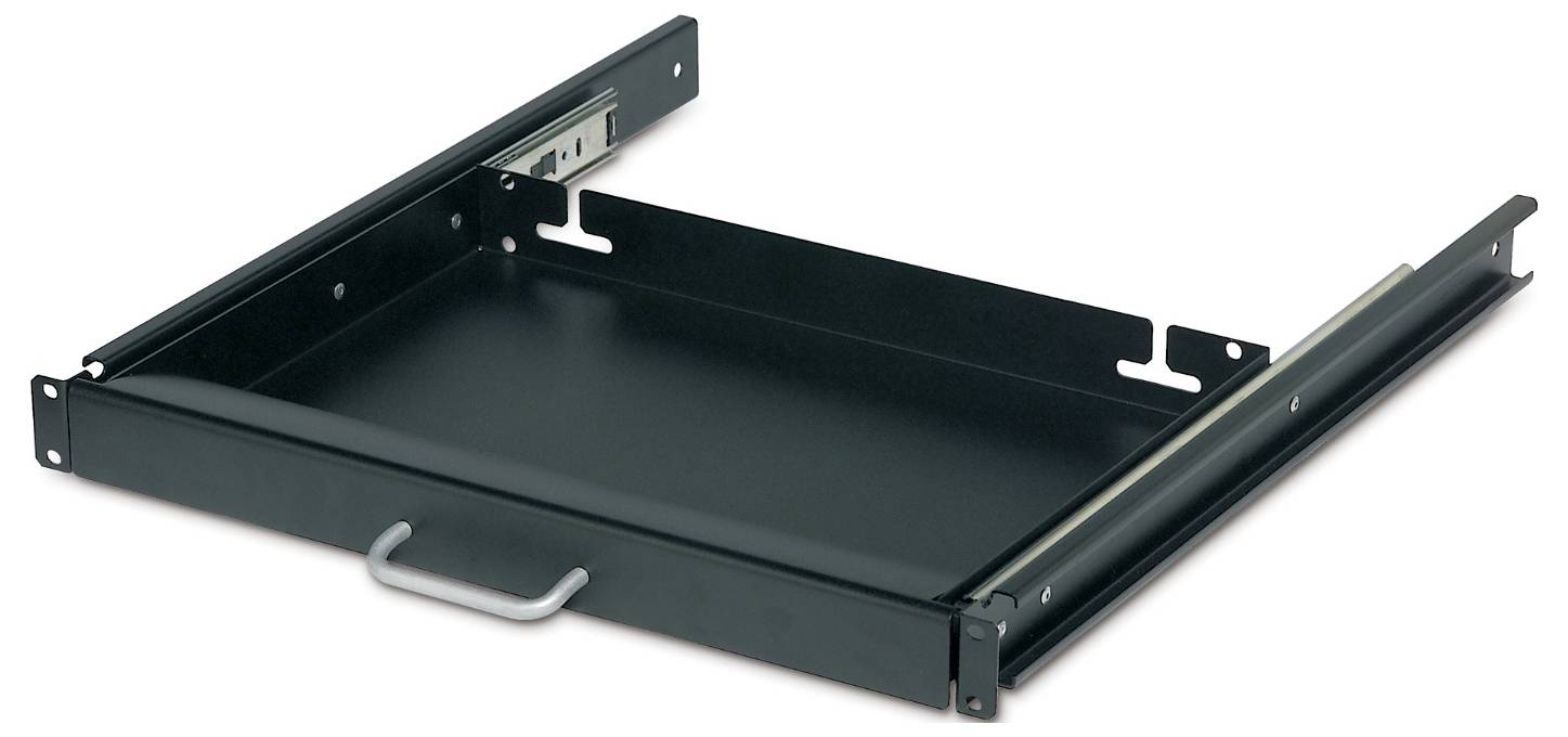 Offene schwarze Rack-Schublade mit Seitenschienen und Zuggriff, gezeigt auf weißem Hintergrund.