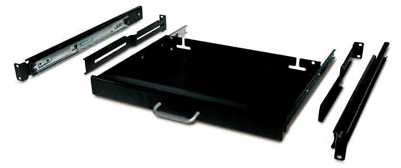 Schwarze Schiebegestell-Einbauschale mit Griffgriff, gezeigt mit Metallseitenschienen und Montageklammern auf weißem Hintergrund.
