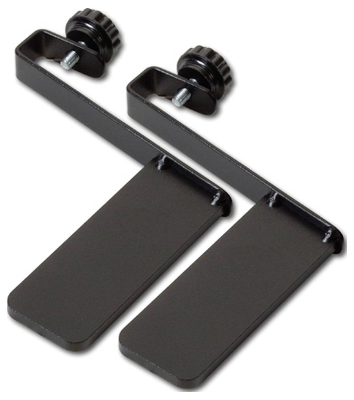 Schwarze verstellbare Dual-Clip-Halterung mit zwei flachen Hängepaneelen und Schraubknöpfen auf weißem Hintergrund.