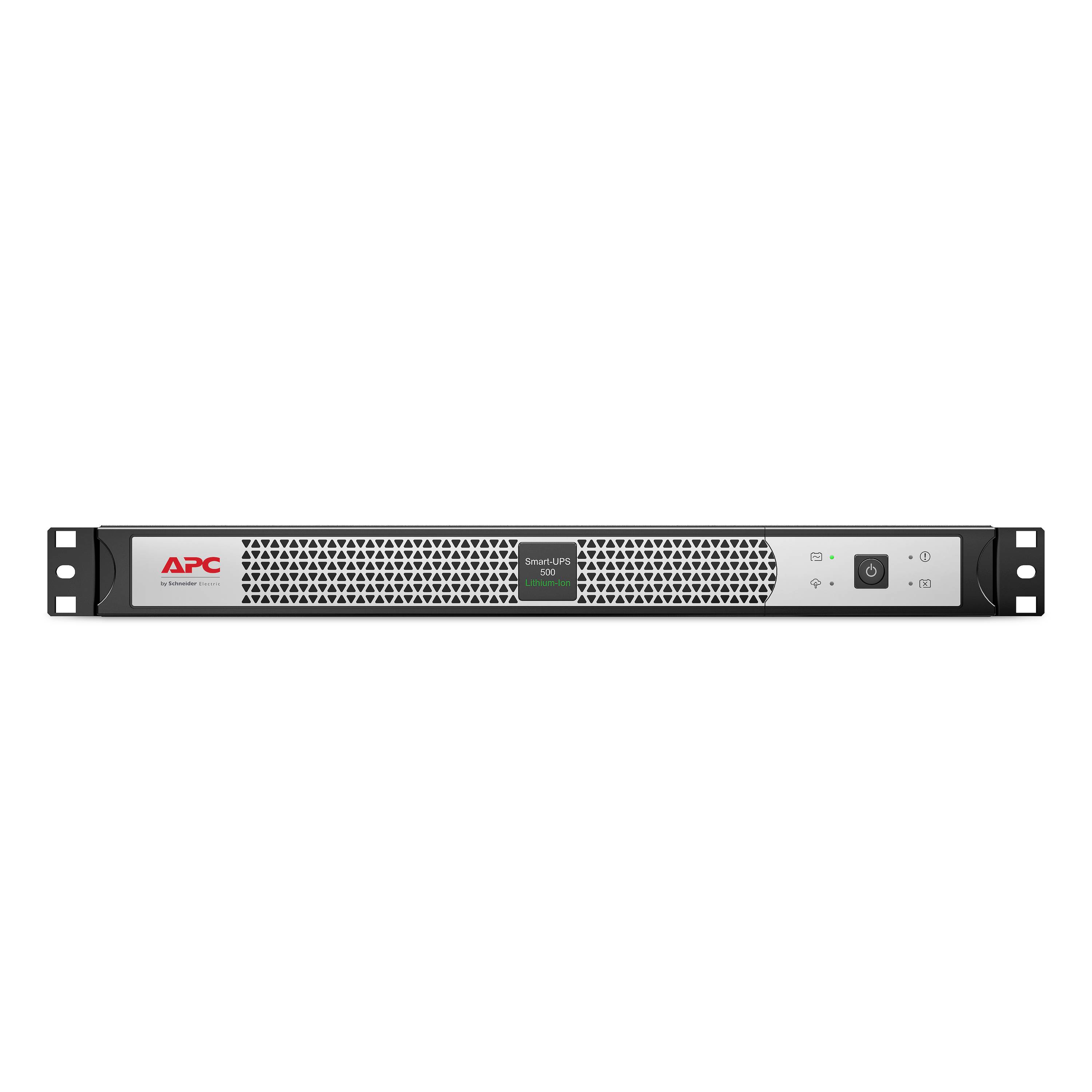 Vorderansicht einer APC Smart-UPS-Rackeinheit mit perforiertem Gitter, Statusleuchten und Ein-/Ausschalter auf weißem Hintergrund.