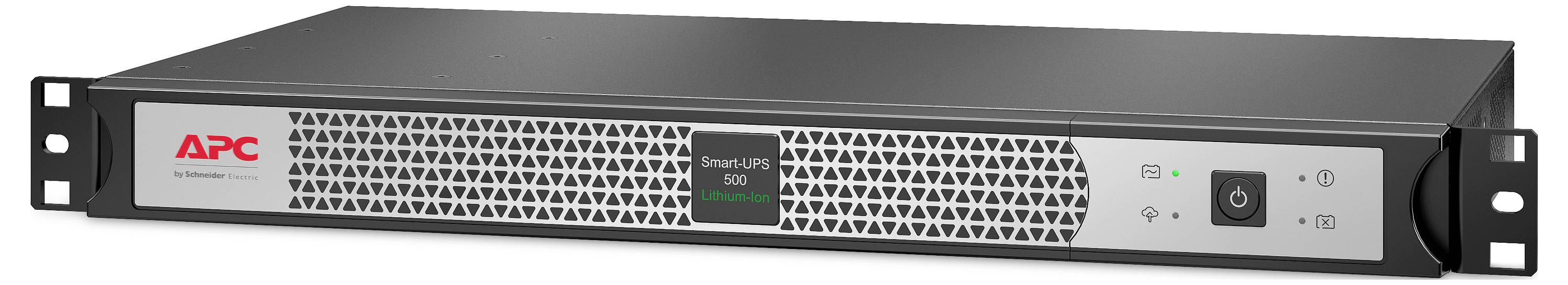 Frontansicht einer APC Smart-UPS Rack-montierten Batterienotstromversorgungseinheit mit LCD-Display, Stromschaltfläche, Statusleuchten und Belüftungsgitter.