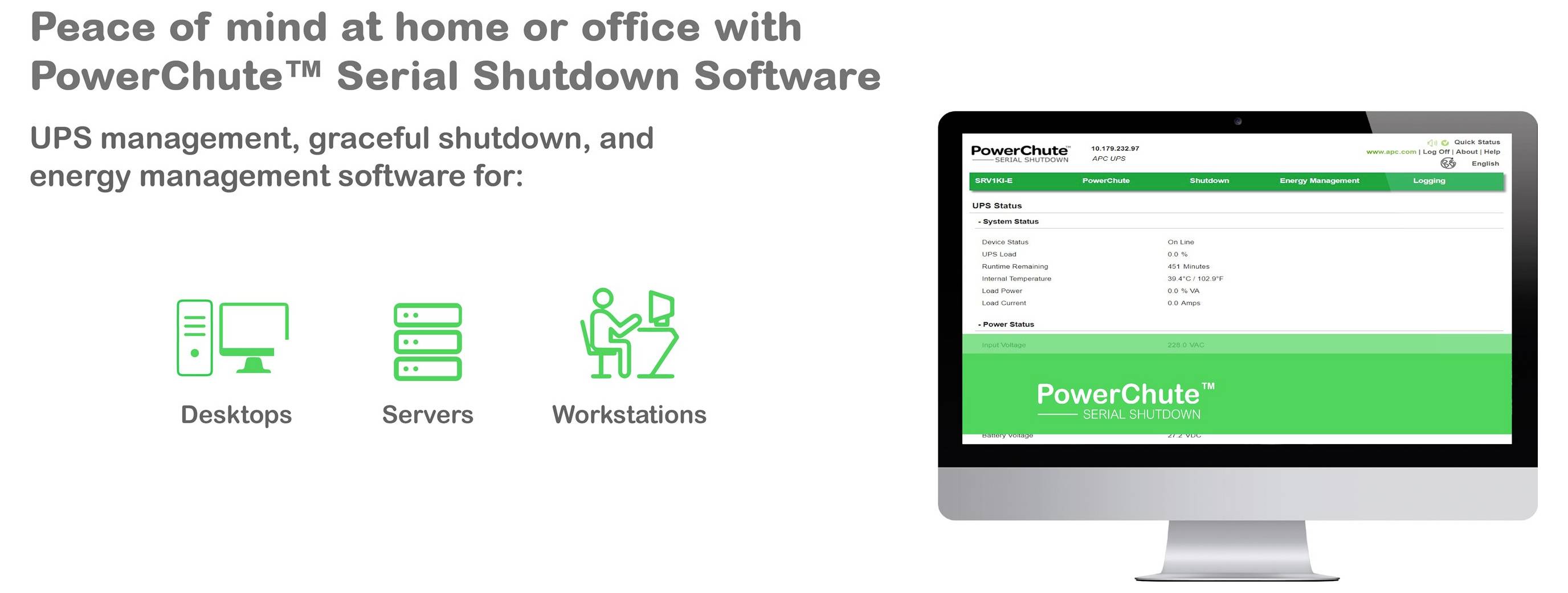 Werbegrafik für PowerChute Serial Shutdown Software, die UPS-Verwaltung und ordnungsgemäße Herunterfahren für Desktops, Server und Workstations neben einer Desktop-Computeranzeige zeigt.