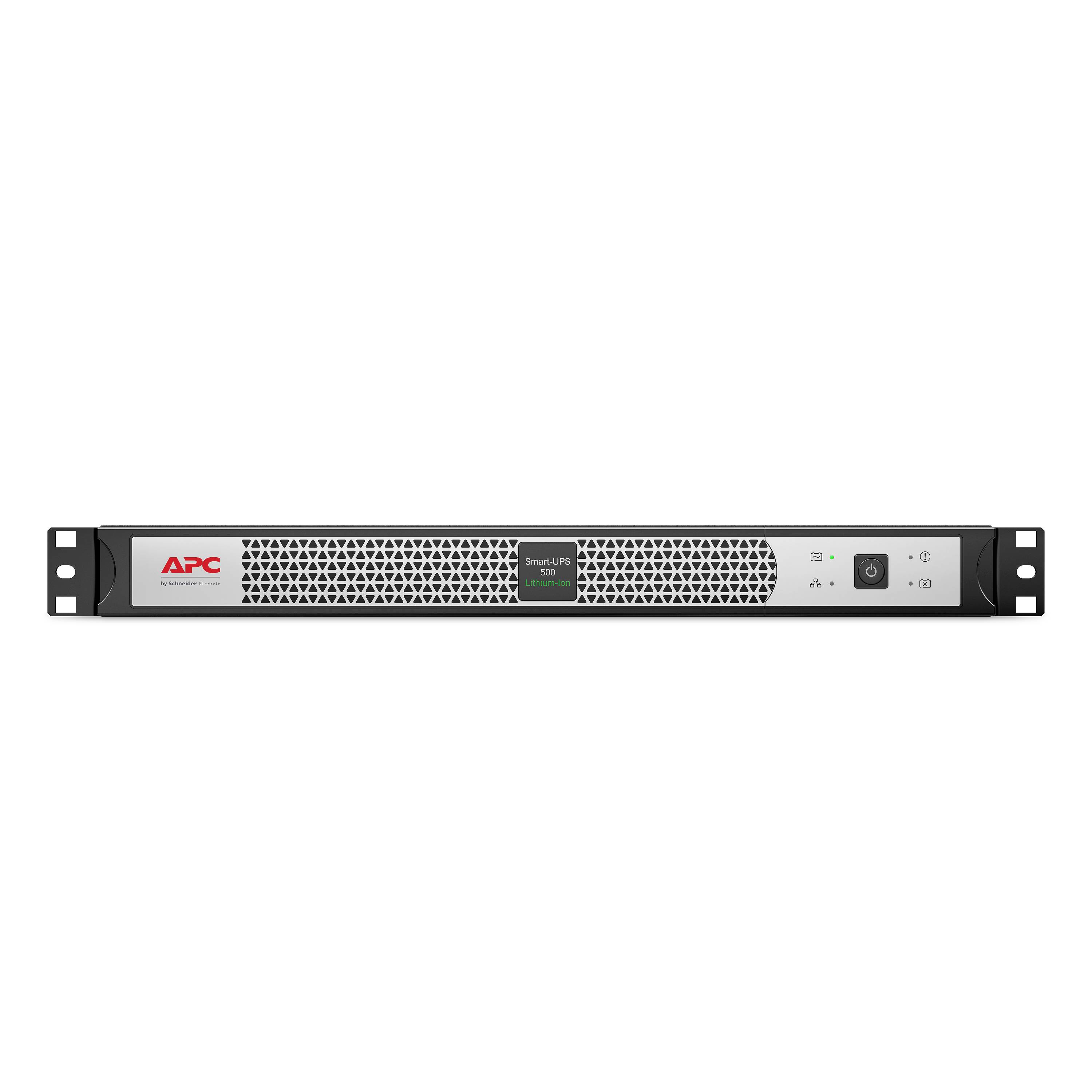 APC Smart-UPS Rack-Stromversorgung mit unterbrechungsfreier Stromversorgung, Vorderansicht mit Display, Stromknopf und Statusanzeigen.