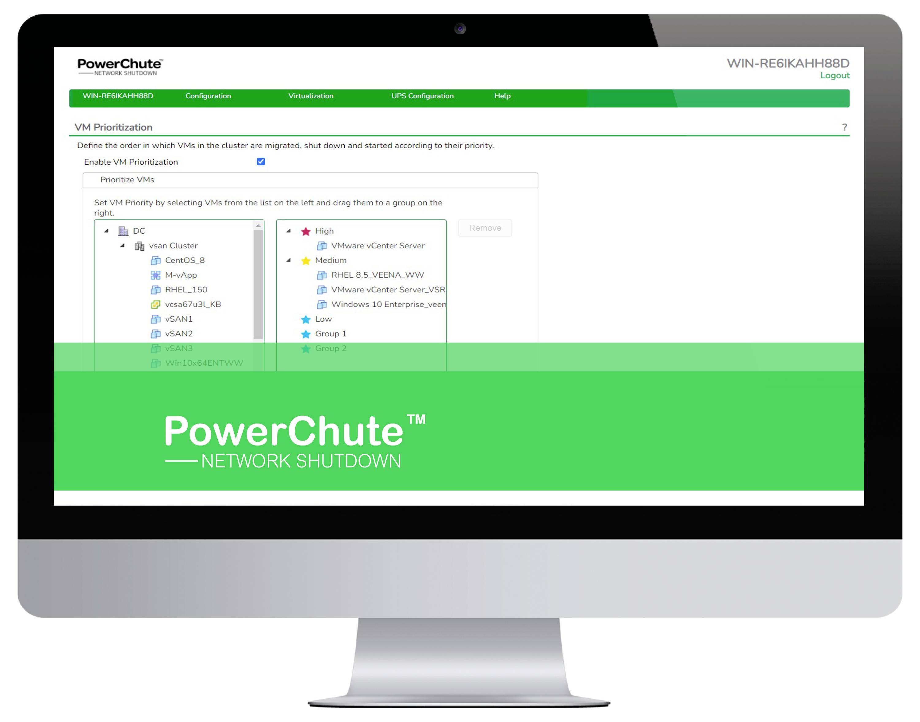 Computermonitor mit dem PowerChute Network Shutdown VM-Priorisierungskonfigurationsbildschirm, mit einem grünen PowerChute-Banner am unteren Rand.