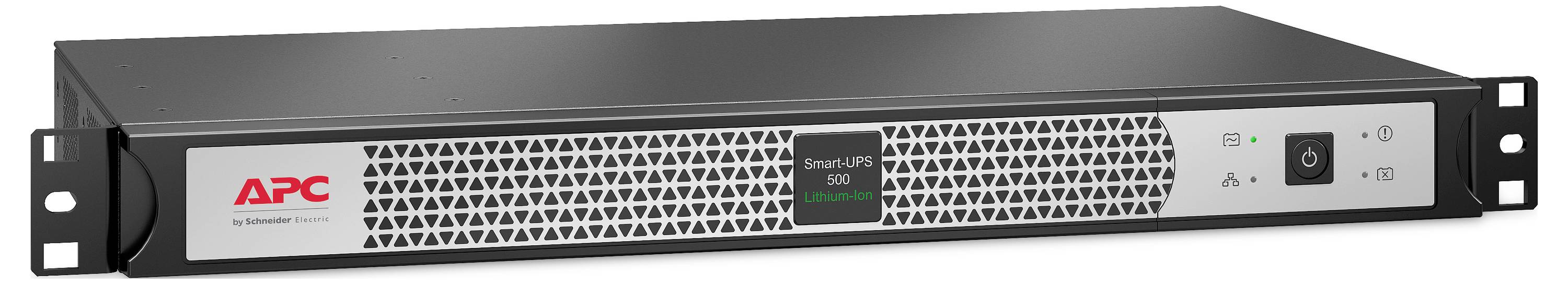 Frontansicht einer APC Smart-UPS 3000 Rack-UPS mit LCD-Display, Netzschalter und Befestigungslaschen.